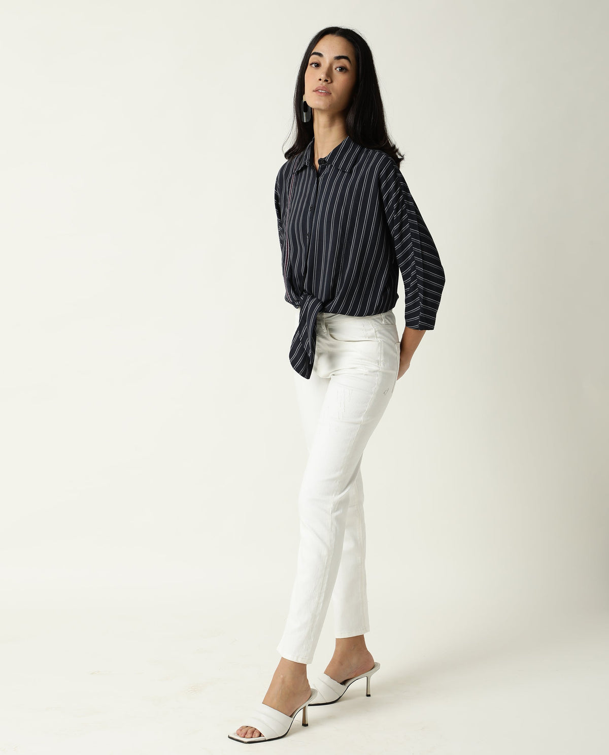 Rareism Women Cia Navy Viscose Fabric Regular Fit Shirt Collar 3/4Th Sleeves Striped Top