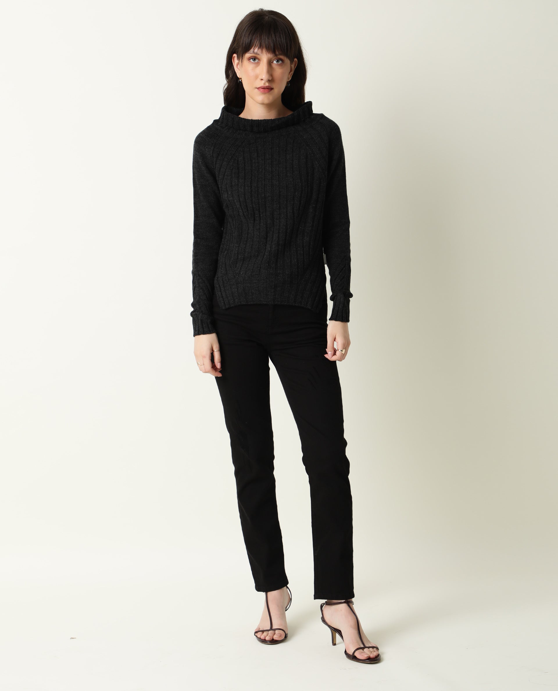 Rareism Women Halo Black Acrylic Fabric Full Sleeves Regular Fit Solid High Neck Sweater
