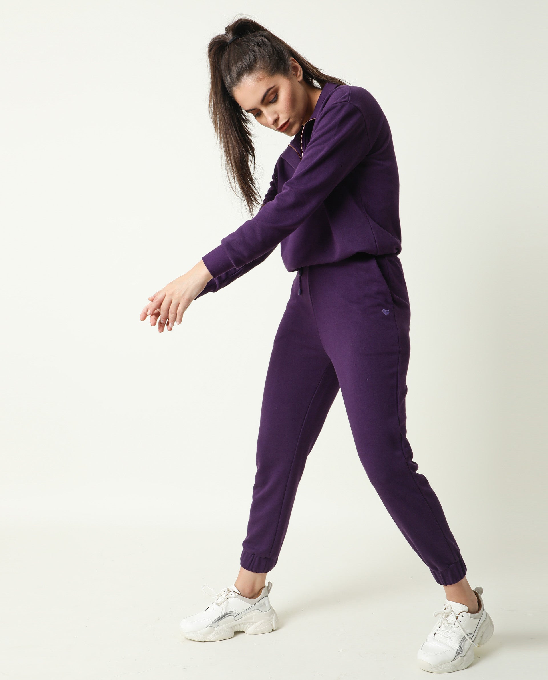 Rareism Women Aldrich Purple Poly Cotton Fabric Regular Fit Full Sleeves Solid High Neck Sweatshirt