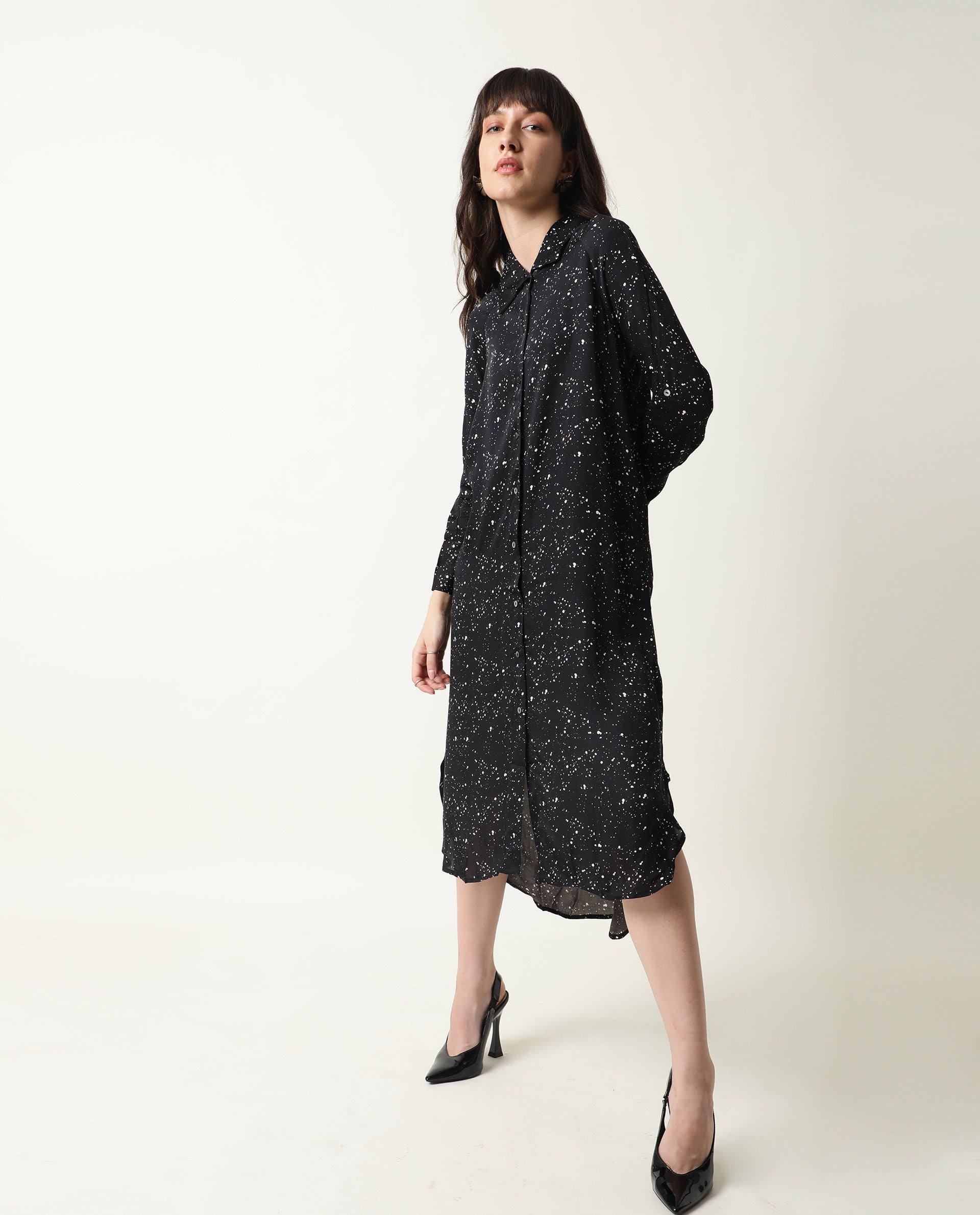 Rareism Womens Timid Black Dress Modal Fabric Regular Fit 3/4 Sleeve Collared Neck