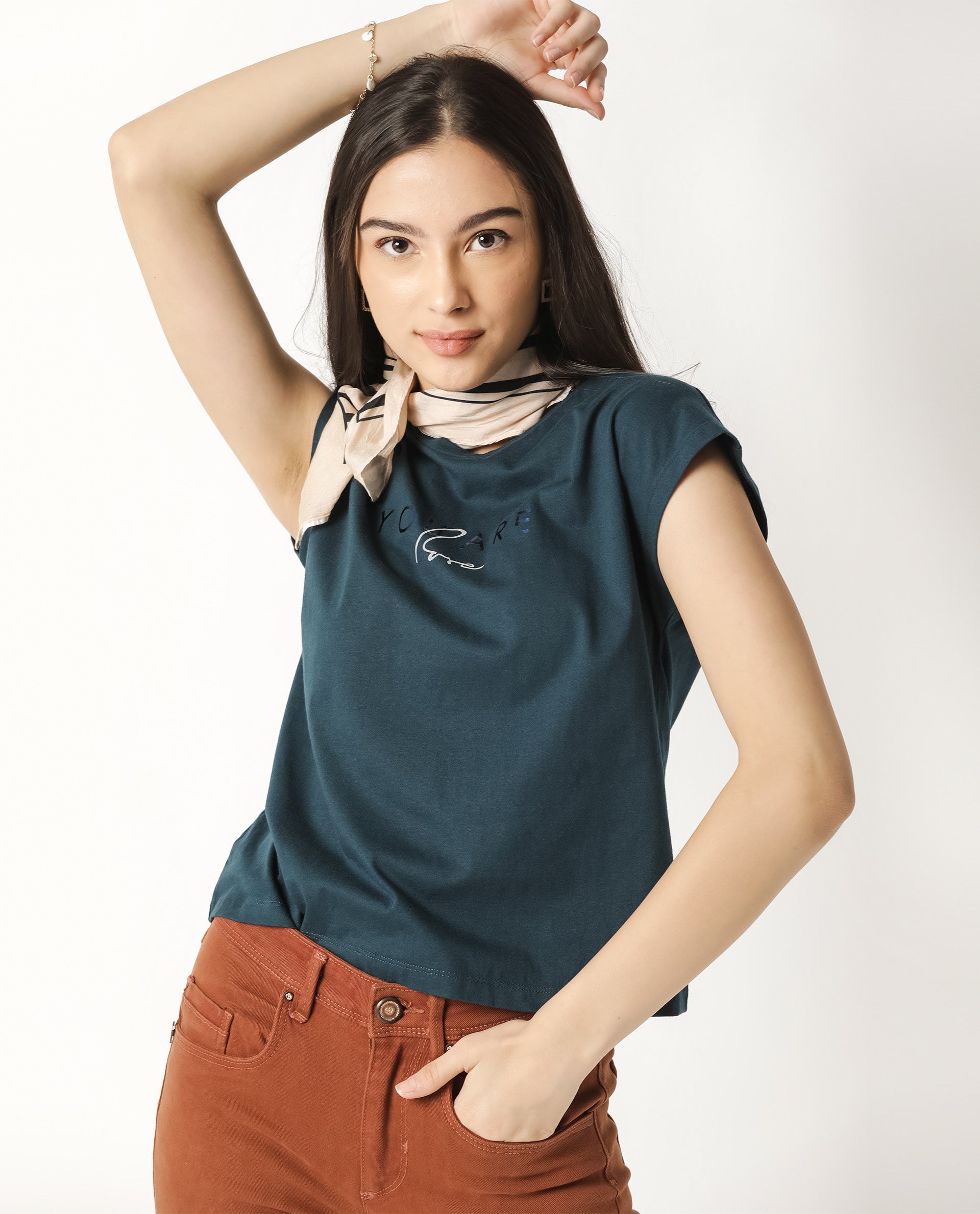 Rareism Womens Caprico Petrol T-Shirt Cotton Fabric Regular Fit Half Sleeve Round Neck