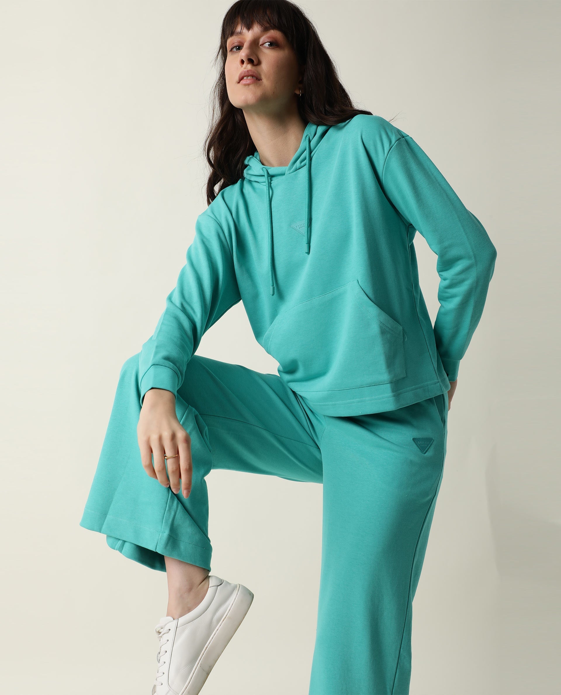 Rareism Women's Pazo-1 Turq Polyester Blend Plain Ankle Length Relaxed Fit Track Pant