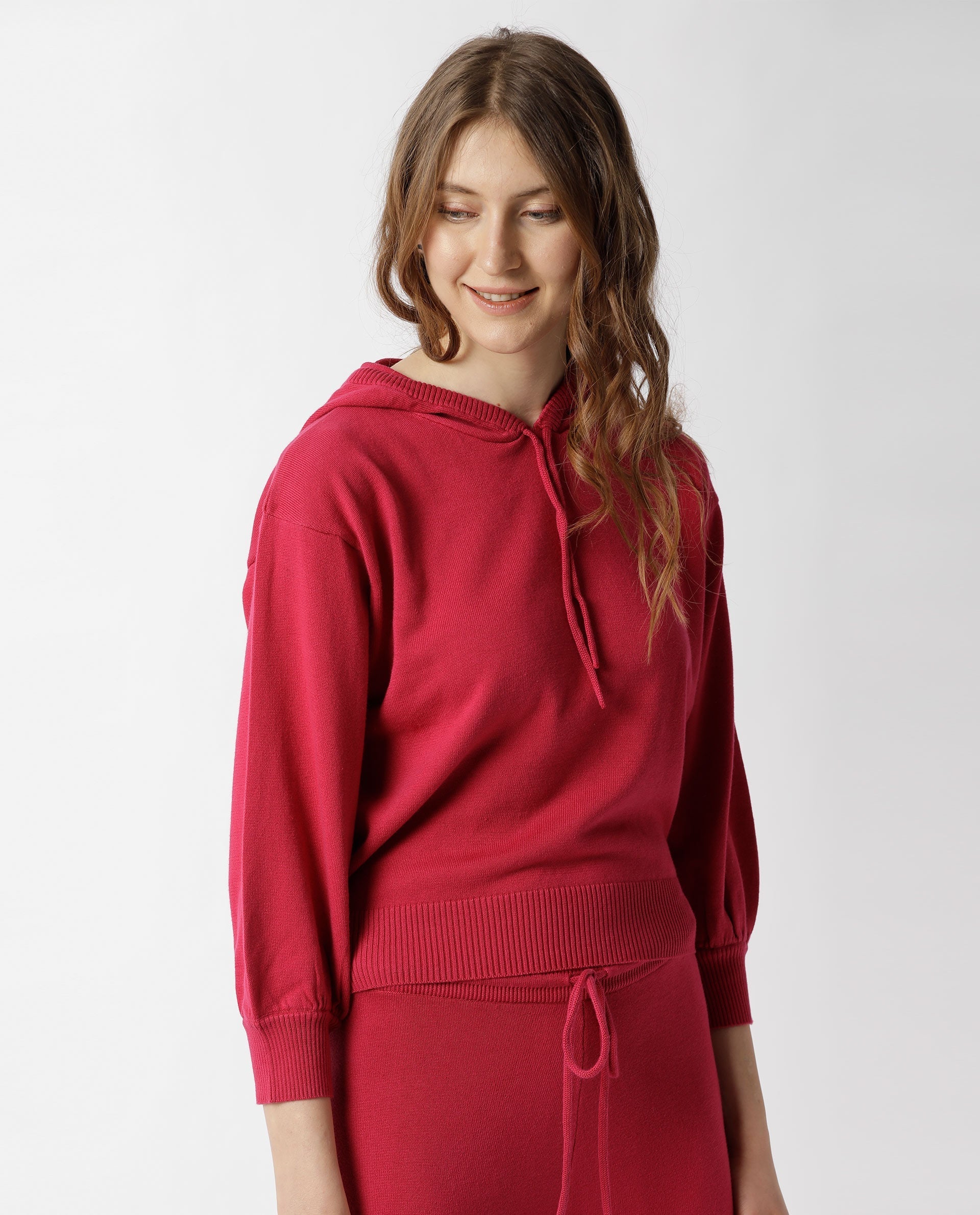 Rareism Women Finn Dark Pink Cotton Fabric Relaxed Fit Full Sleeves Solid Knee Length Hooded Track Suit