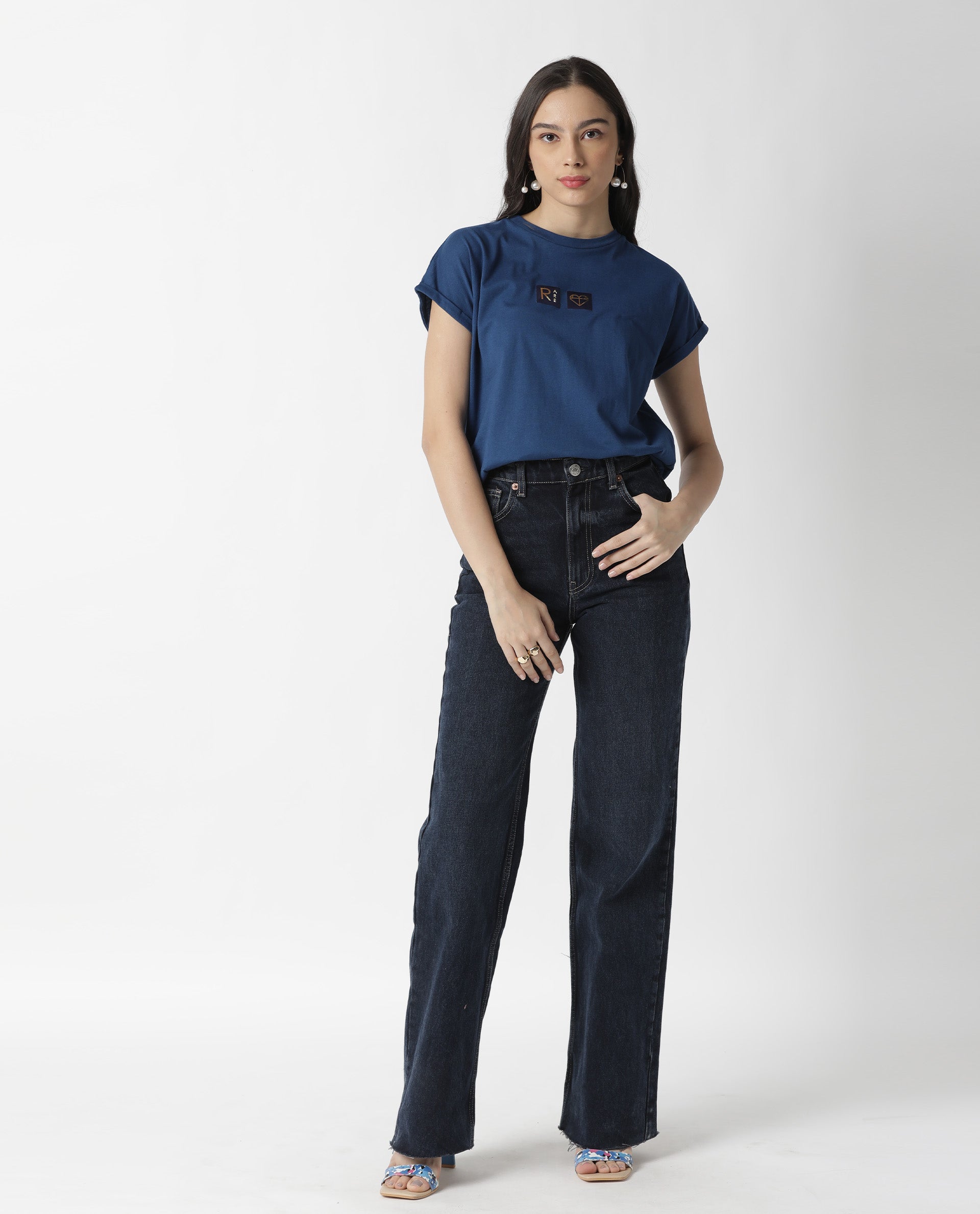 Rareism Womens Cardi Blue T-Shirt Cotton Fabric Regular Fit Half Sleeve Round Neck