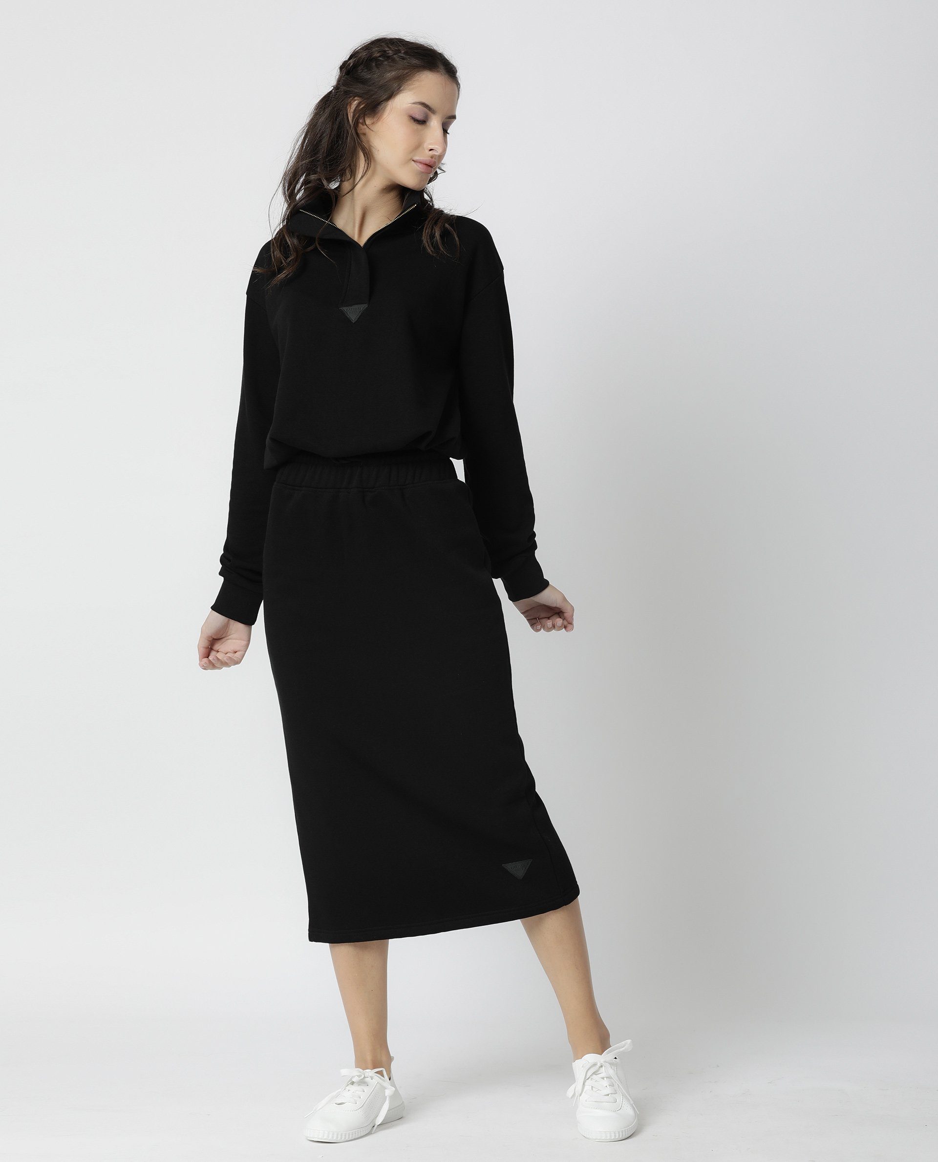 Rareism Women Fudge-1 Black Poly Cotton Fabric Tailored Fit High Rise Solid Midi Skirt