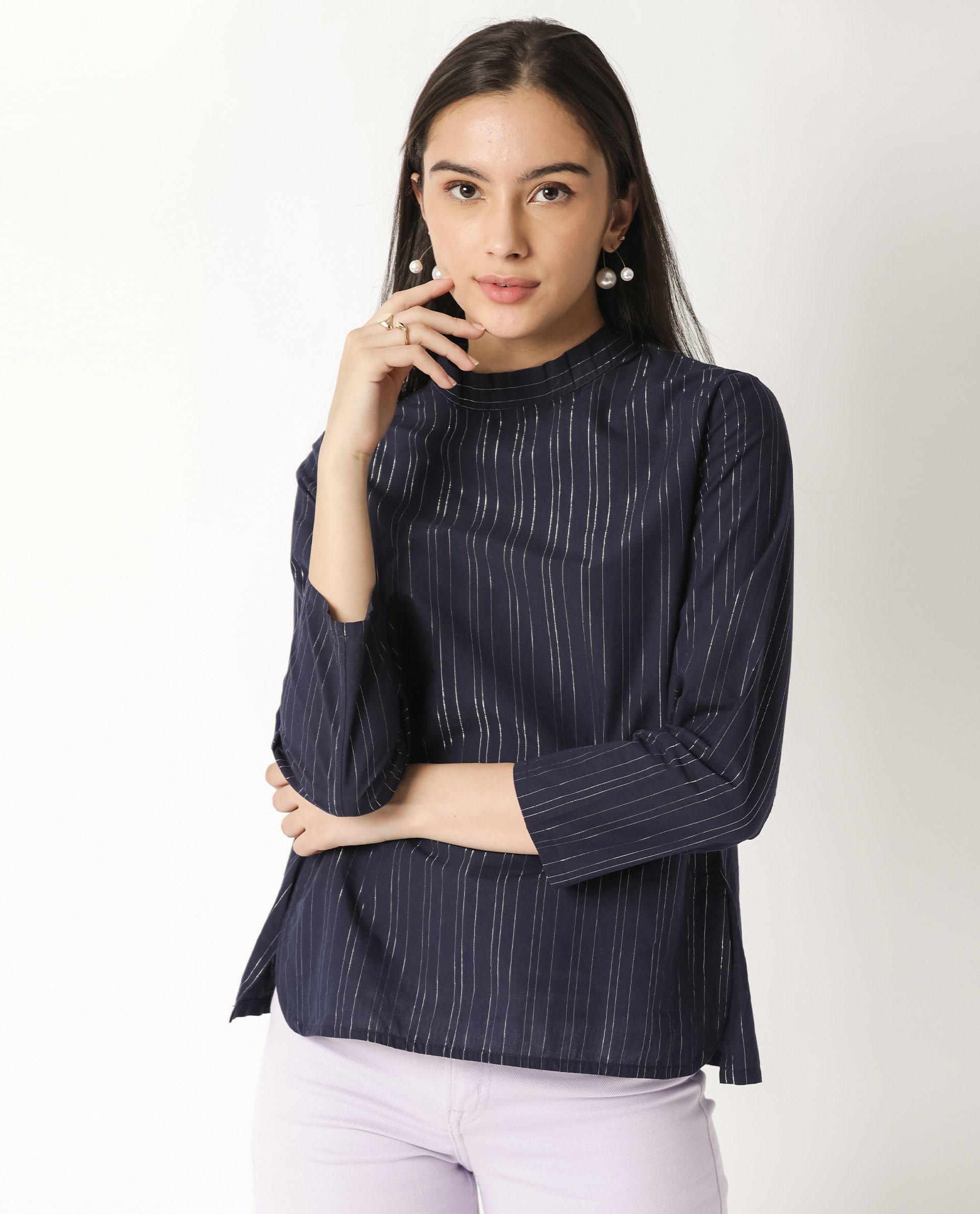 Rareism Women Tarnish Navy  Regular Fit High Neck Full Sleeves Striped Top