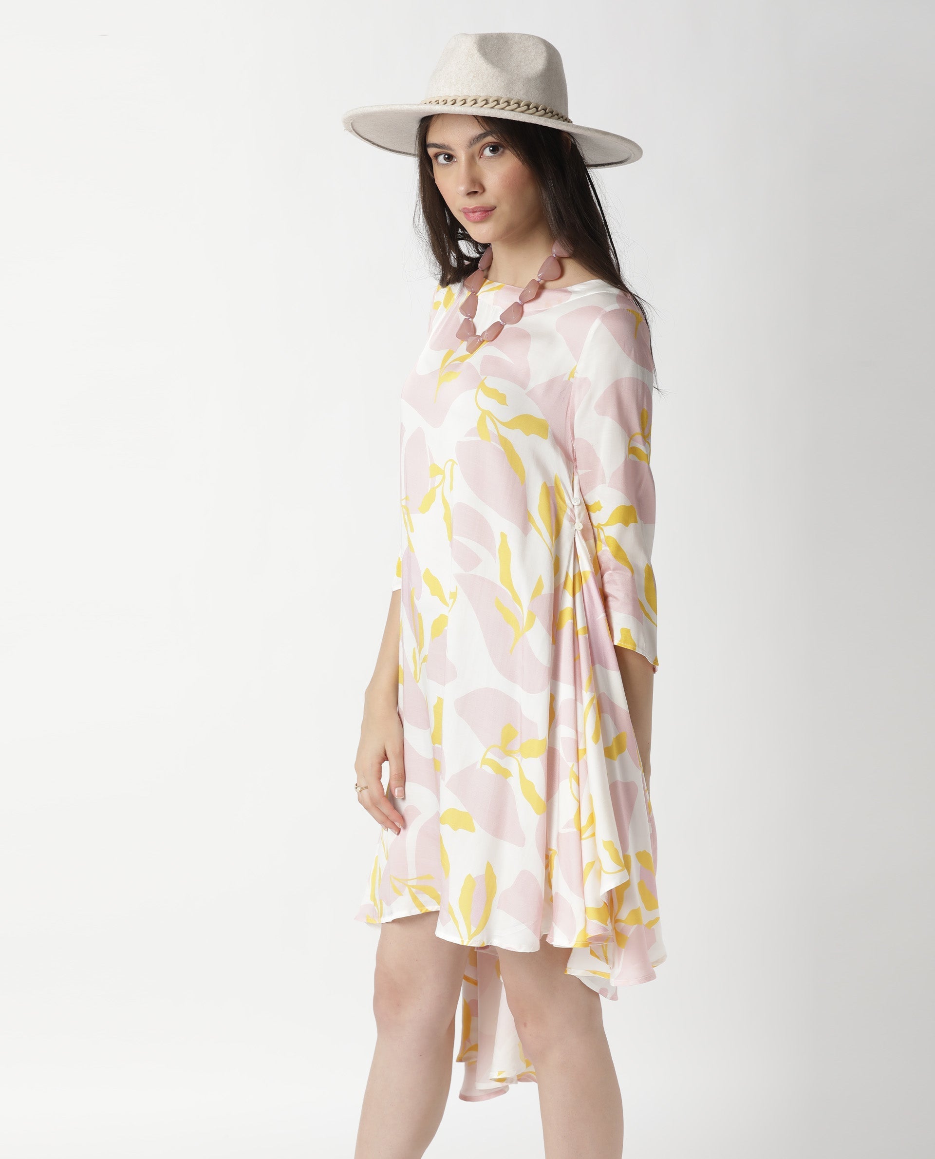 Rareism Womens Spider Pink Dress Modal Fabric Relaxed Fit 3/4 Sleeve Round Neck