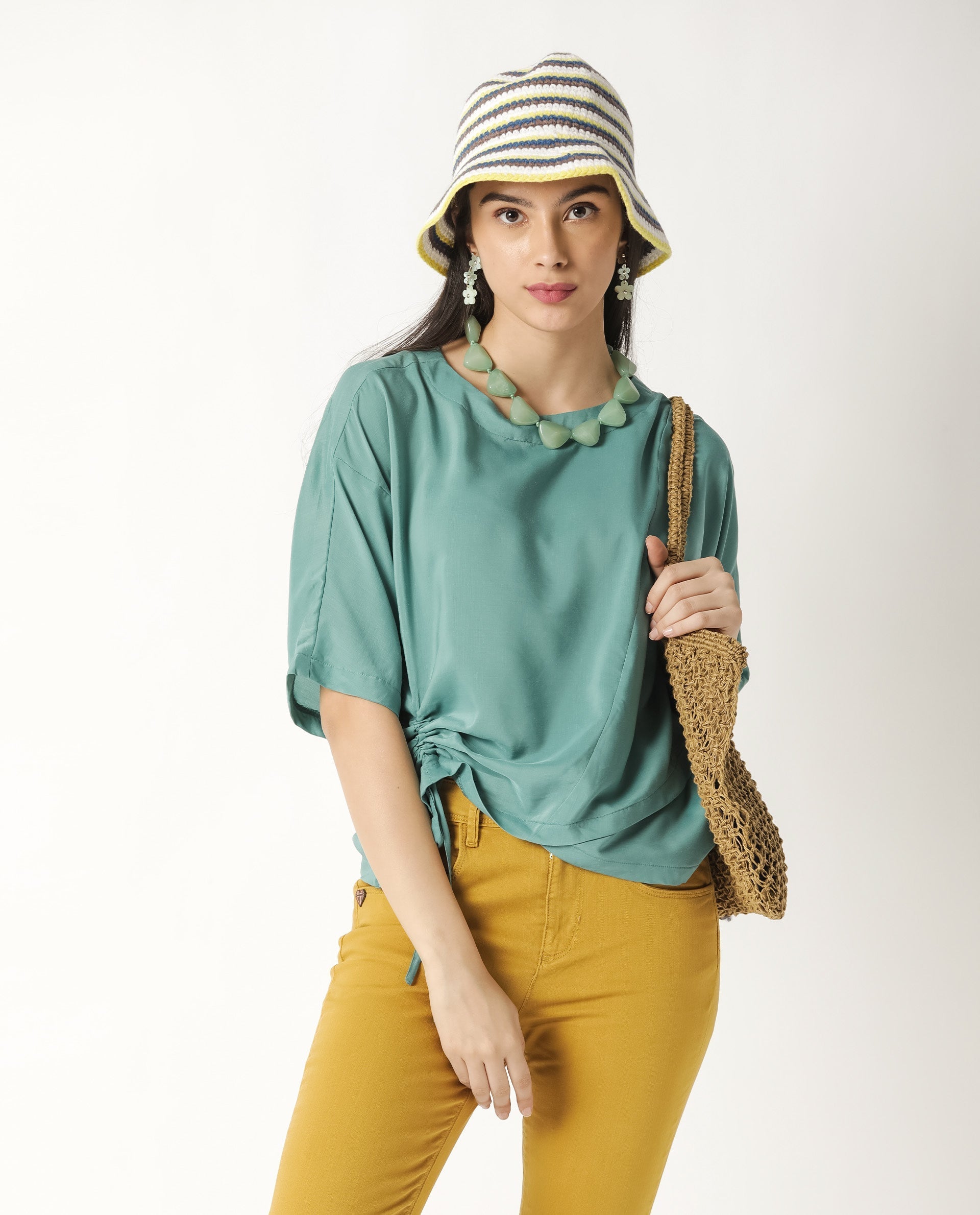 Rareism Women Paecos Green Polyester Fabric Regular Fit Boat Neck 3/4Th Sleeves Solid Top