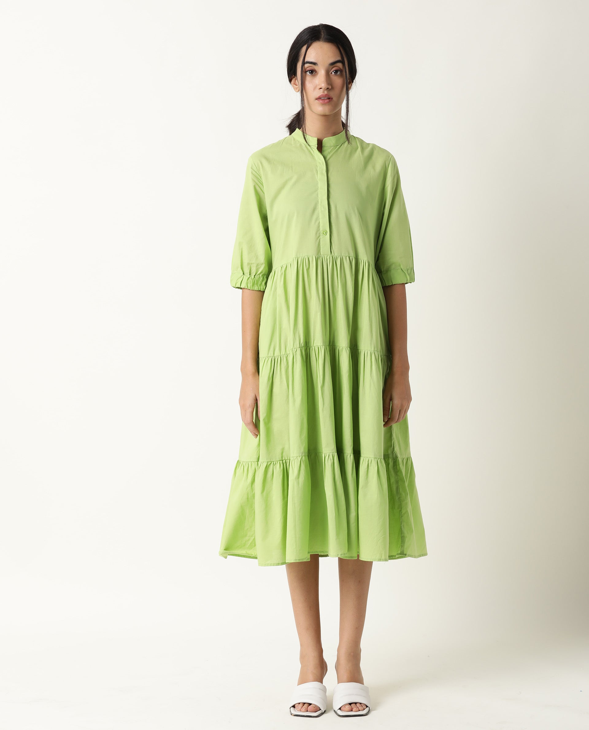 Rareism Womens Intro Green Dress Cotton Fabric Regular Fit Puff Sleeves Mandarin Neck