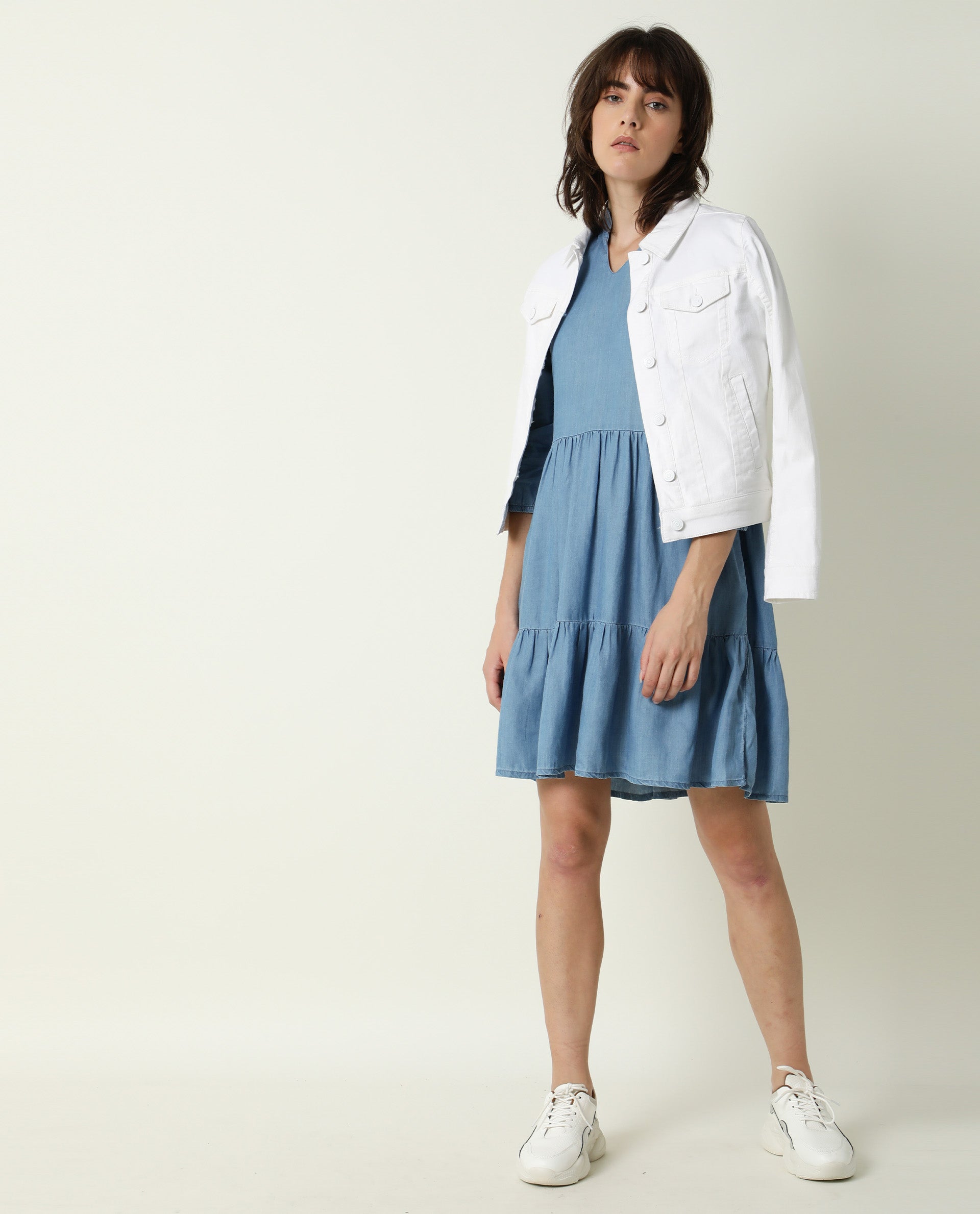 Rareism Women Mayo Blue Mandarin Collar Full Sleeves With Pockets Tiered Knee Length Dress