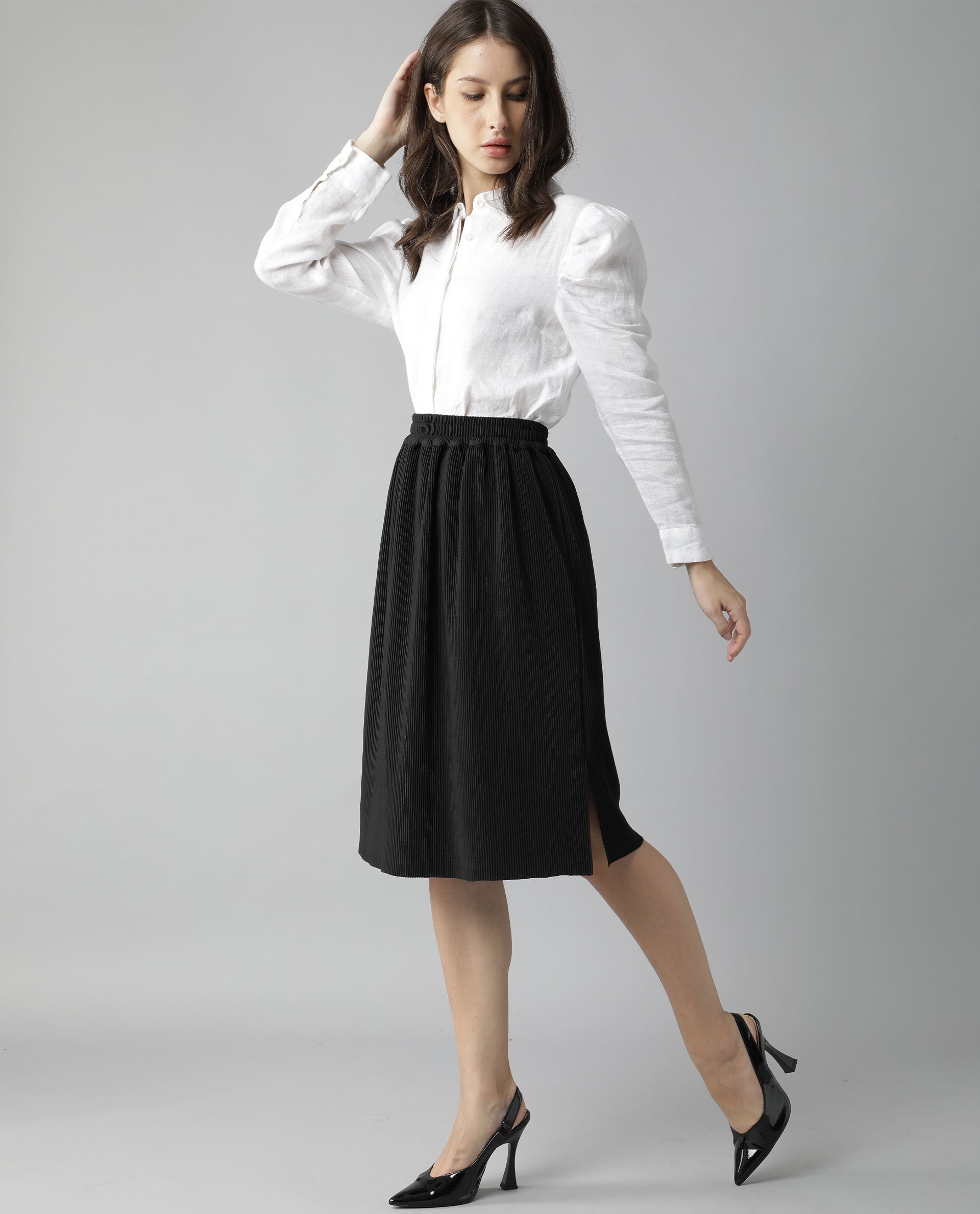 Rareism Womens Browse Black Skirt Pleated Mid Length Back Slit