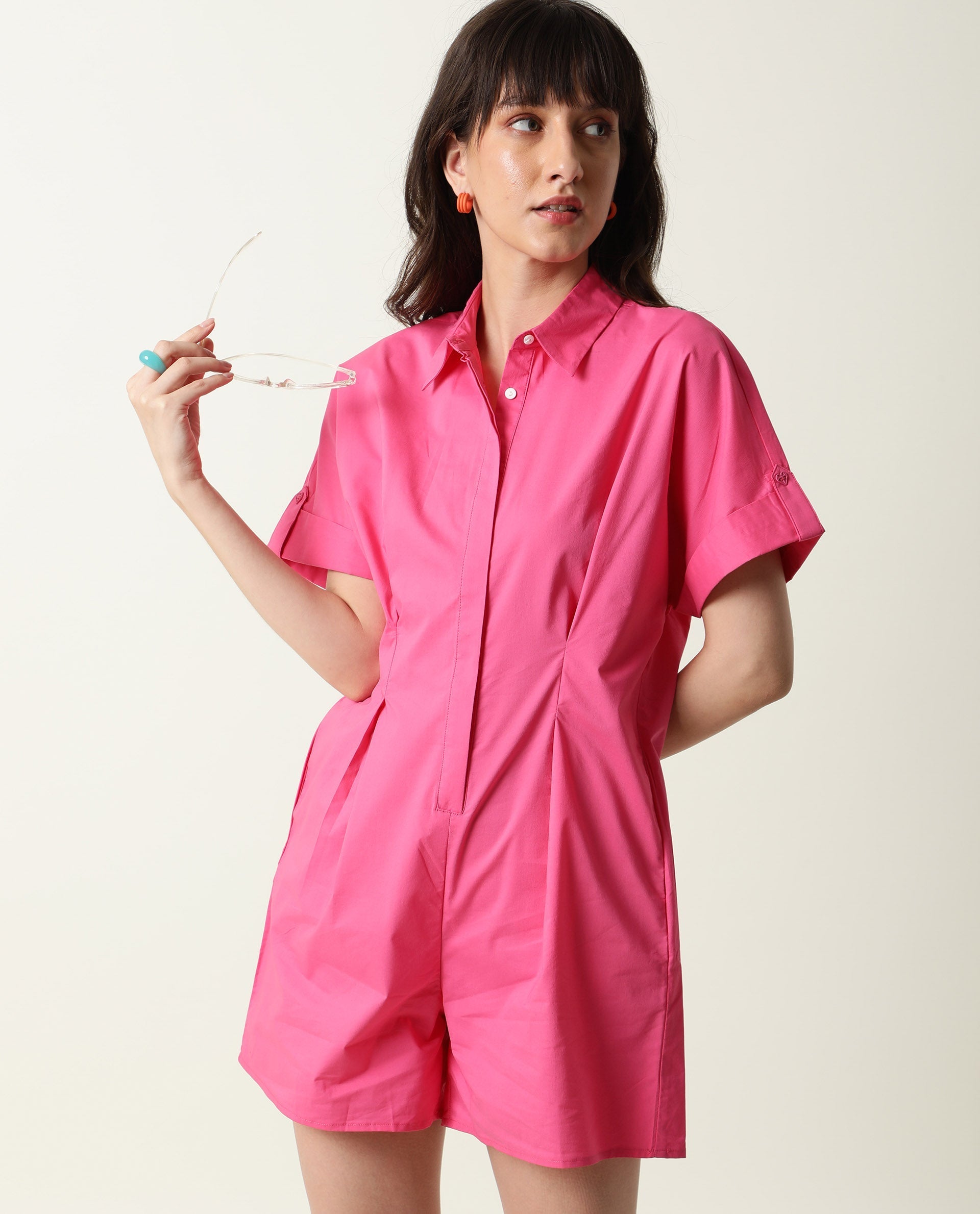 Rareism Womens Bitsy Pink Playsuit Cotton Lycra Fabric Regular Fit Half Sleeve Collared Neck