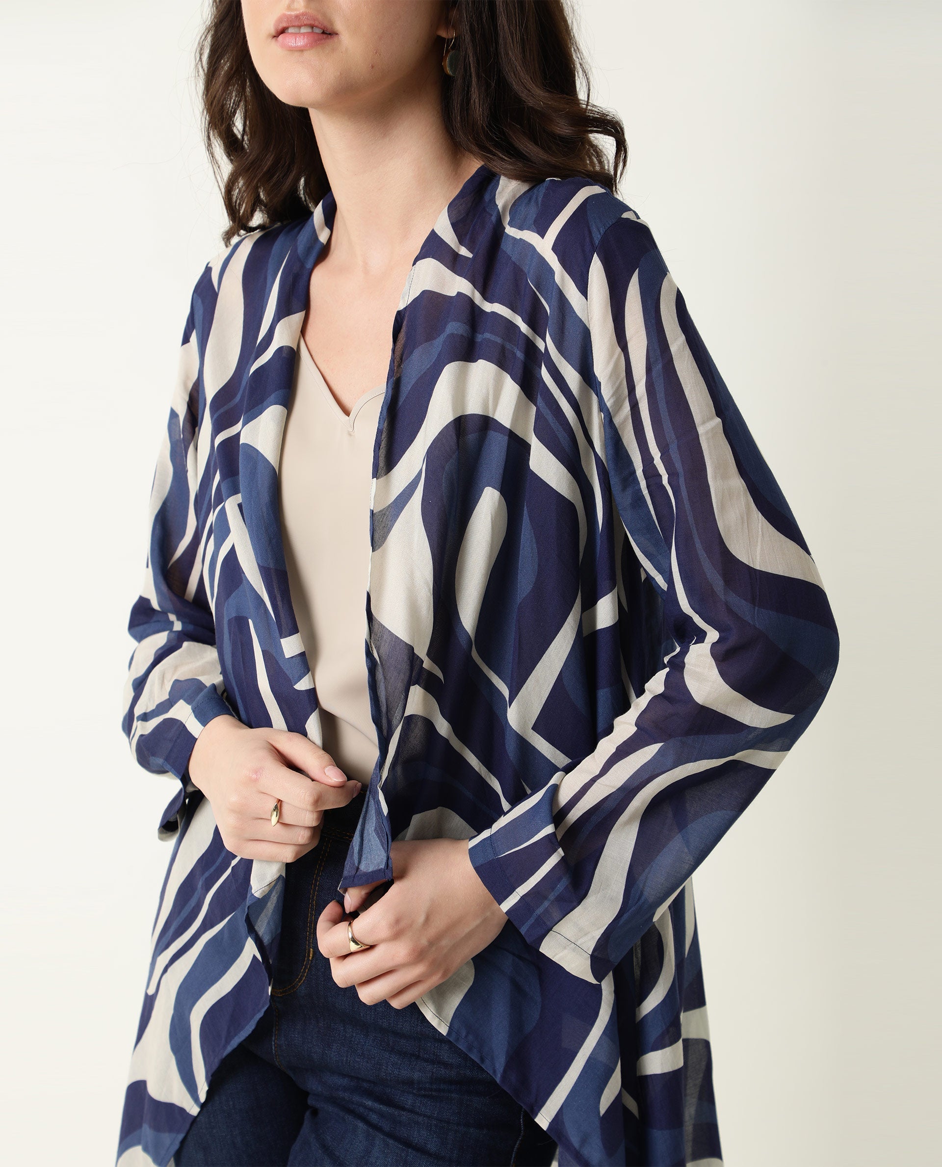 Rareism Women Bohem Blue Overlayer Full Sleeves Printed