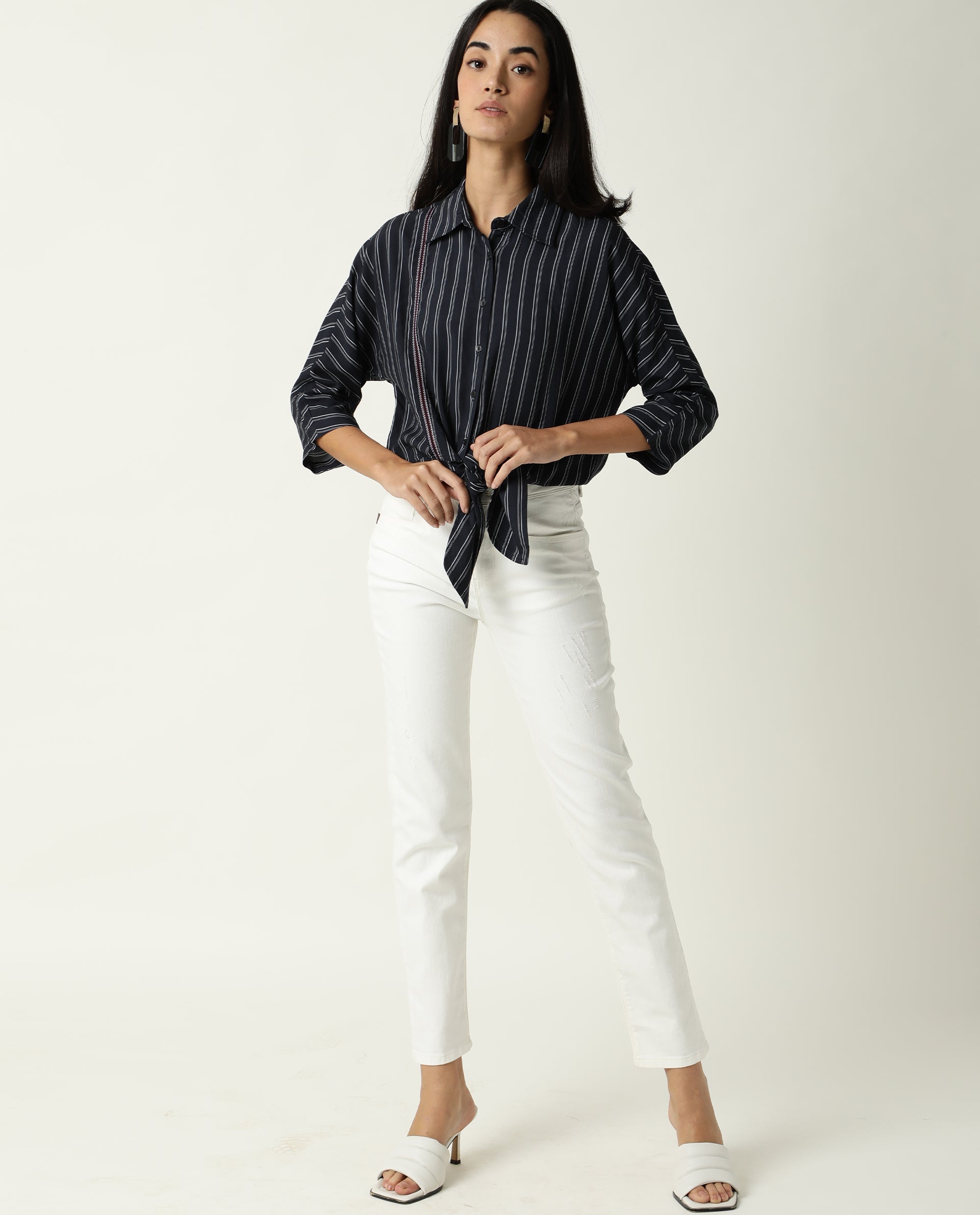 Rareism Women Cia Navy Viscose Fabric Regular Fit Shirt Collar 3/4Th Sleeves Striped Top