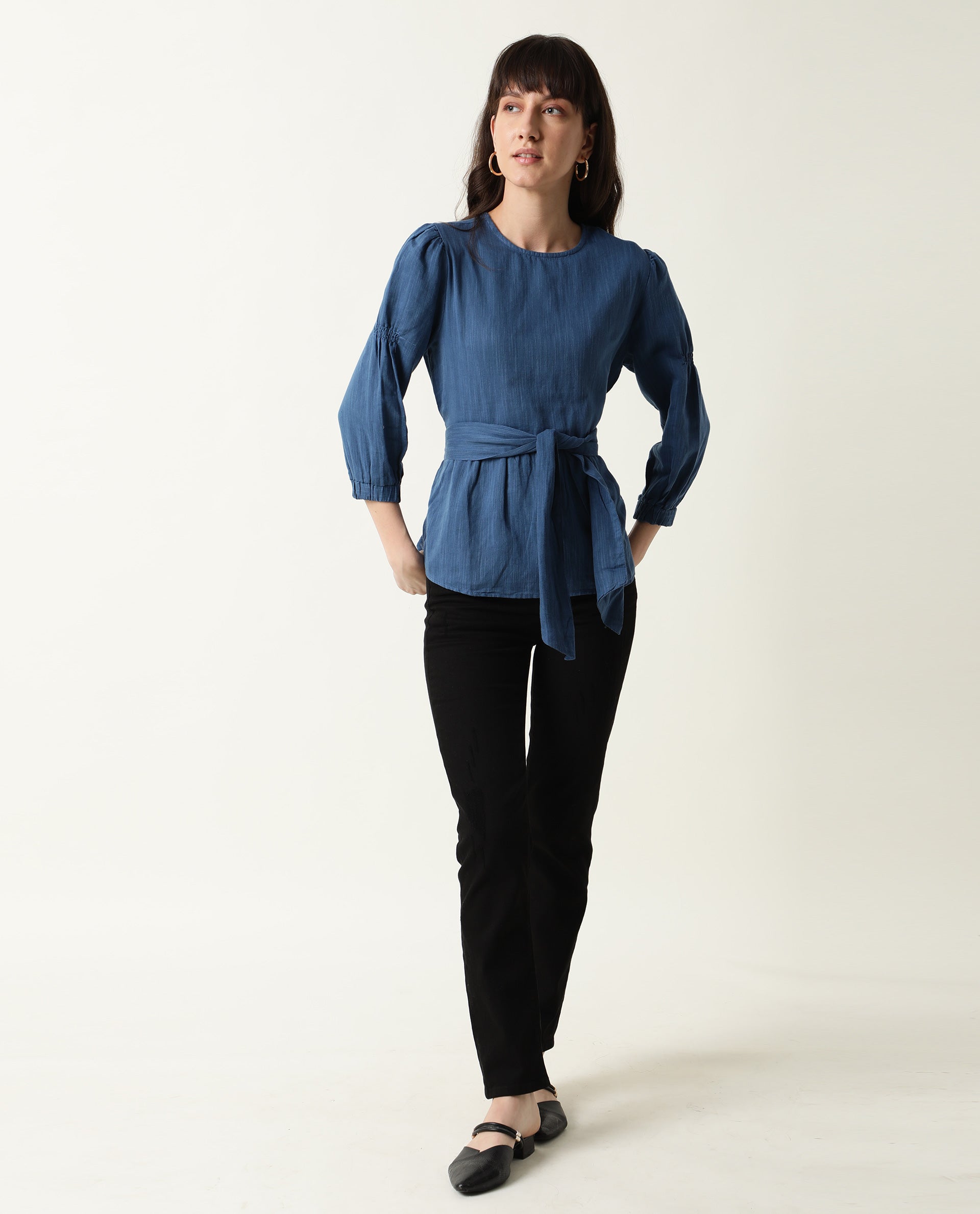 Rareism Womens Mocky Petrol Top Full Sleeve Elasticated Cuff Crew Neck