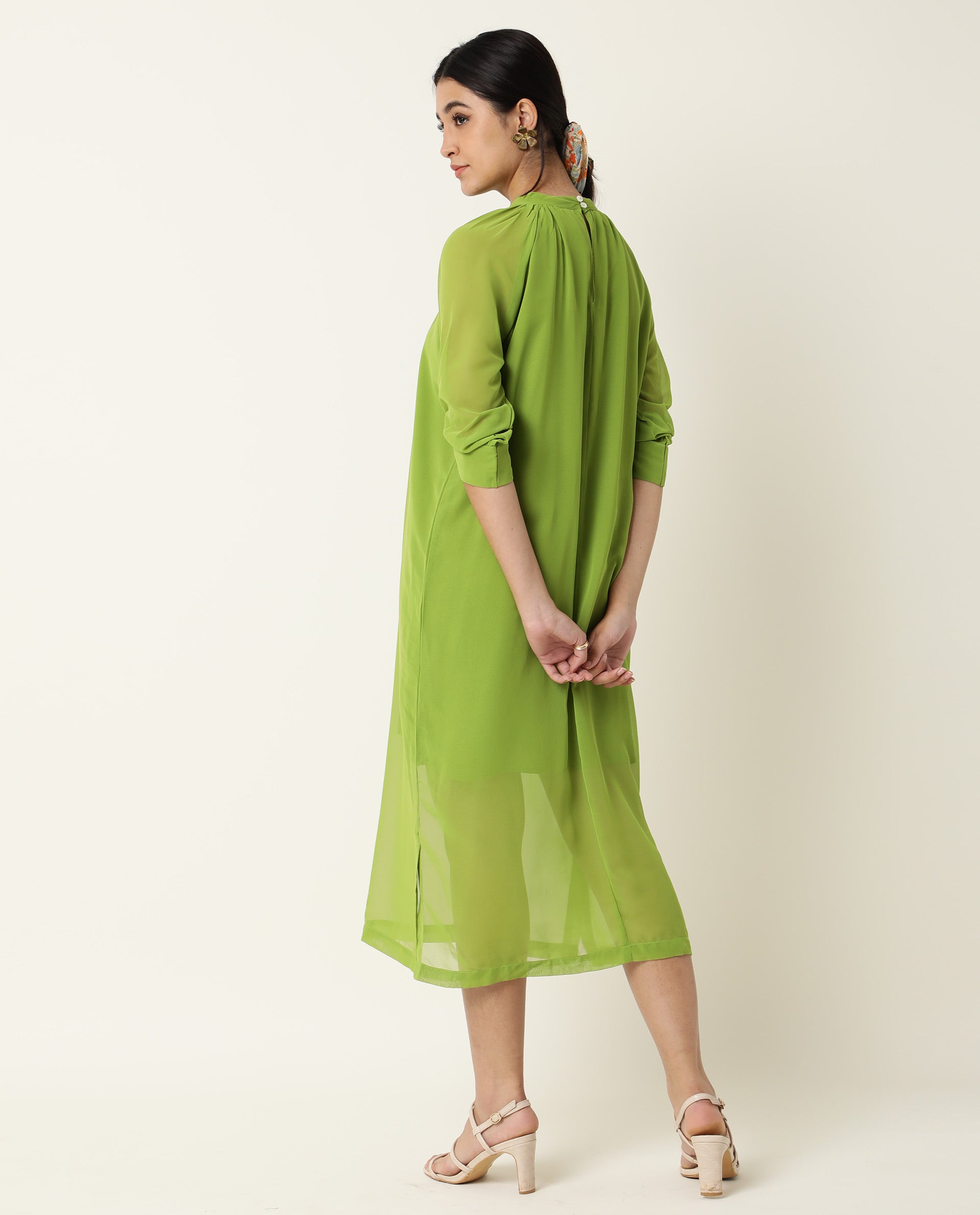 Rareism Women Frag Green High Collared Neck With Gathers Short Sleeves With Cuff Back Button Closure Midi Dress