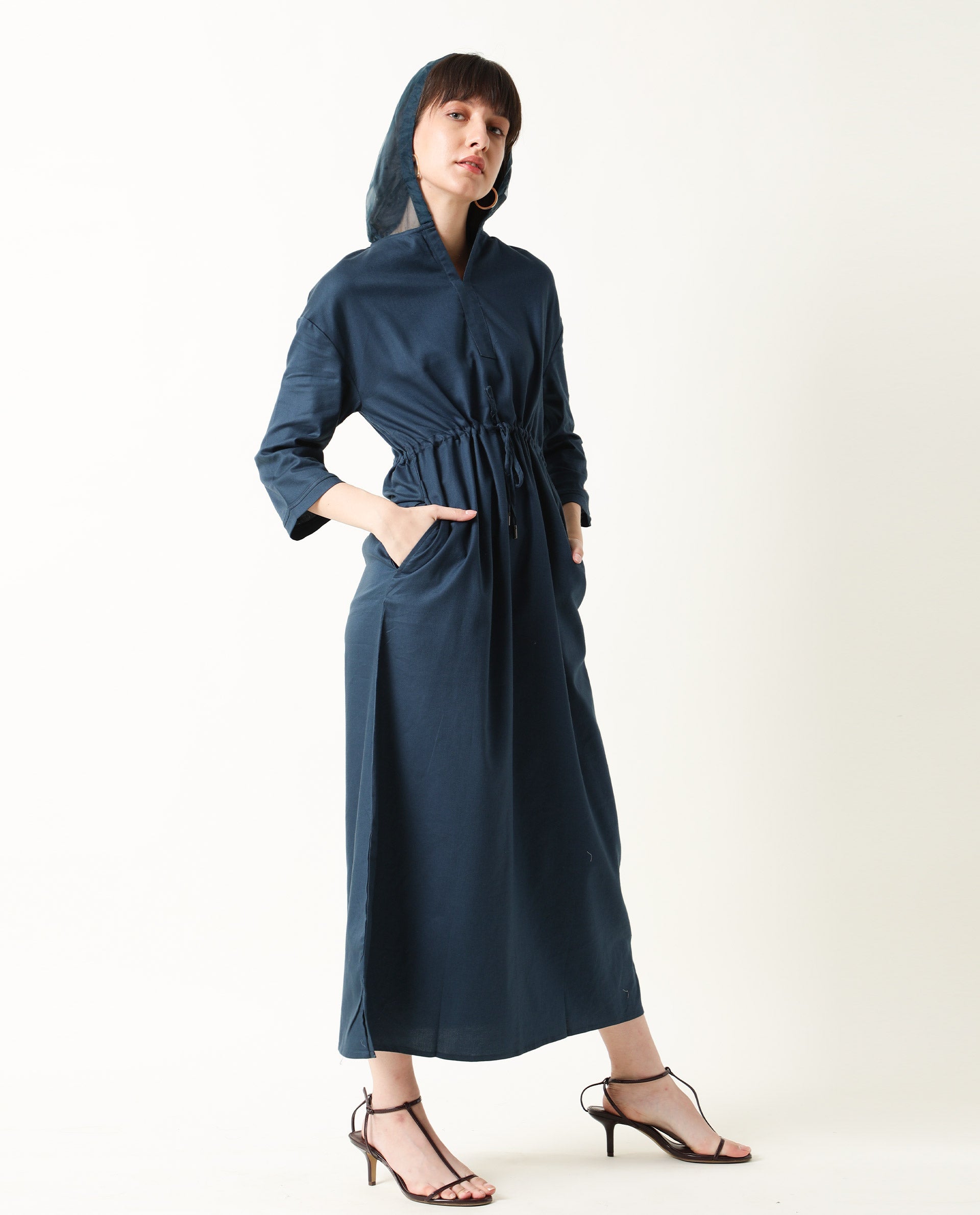 Rareism Womens Chalk Petrol Dress Tencel Fabric Hooded Long Length