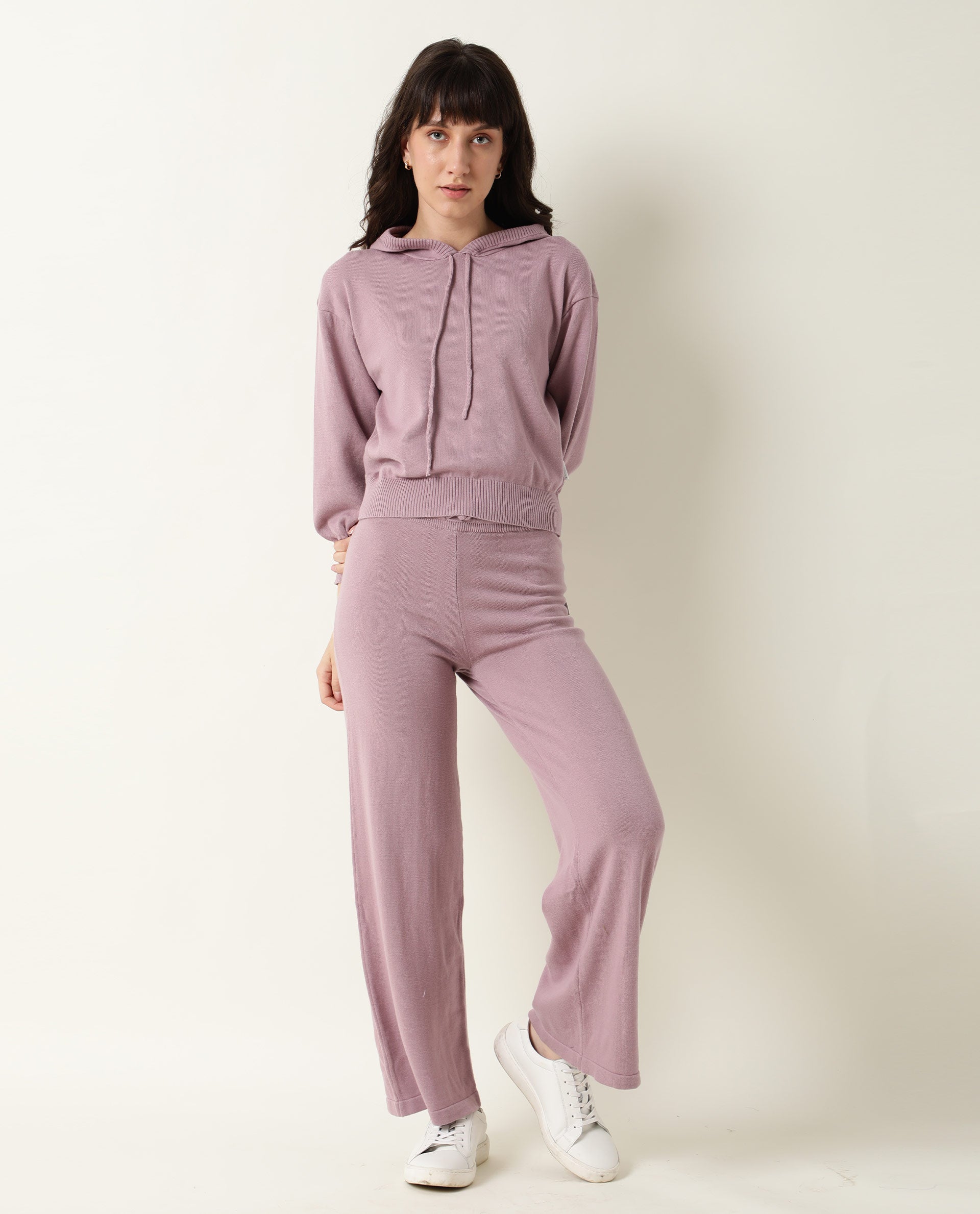 Rareism Women Finn Pastel Pink Cotton Fabric Straight Fit Full Sleeves Solid Hooded Track Suit