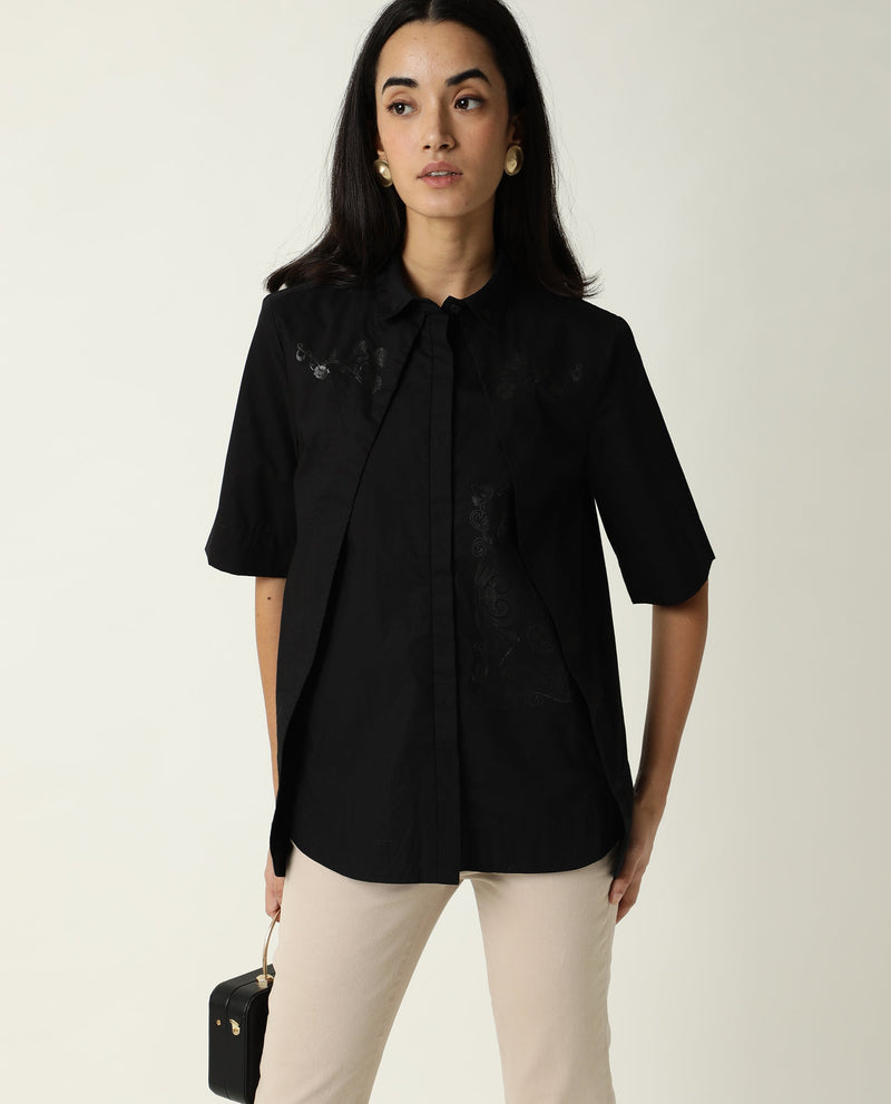 Rareism Women Flick Black Cotton Fabric Regular Fit Shirt Collar Half Sleeves Solid Top