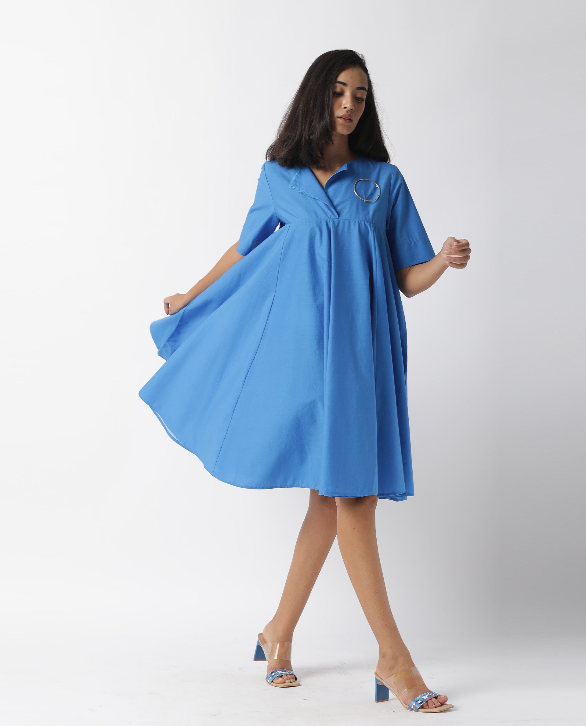 Rareism Women Array Dark Blue Overlap Lapel Collar Short Sleeves Flared Knee Length Dress