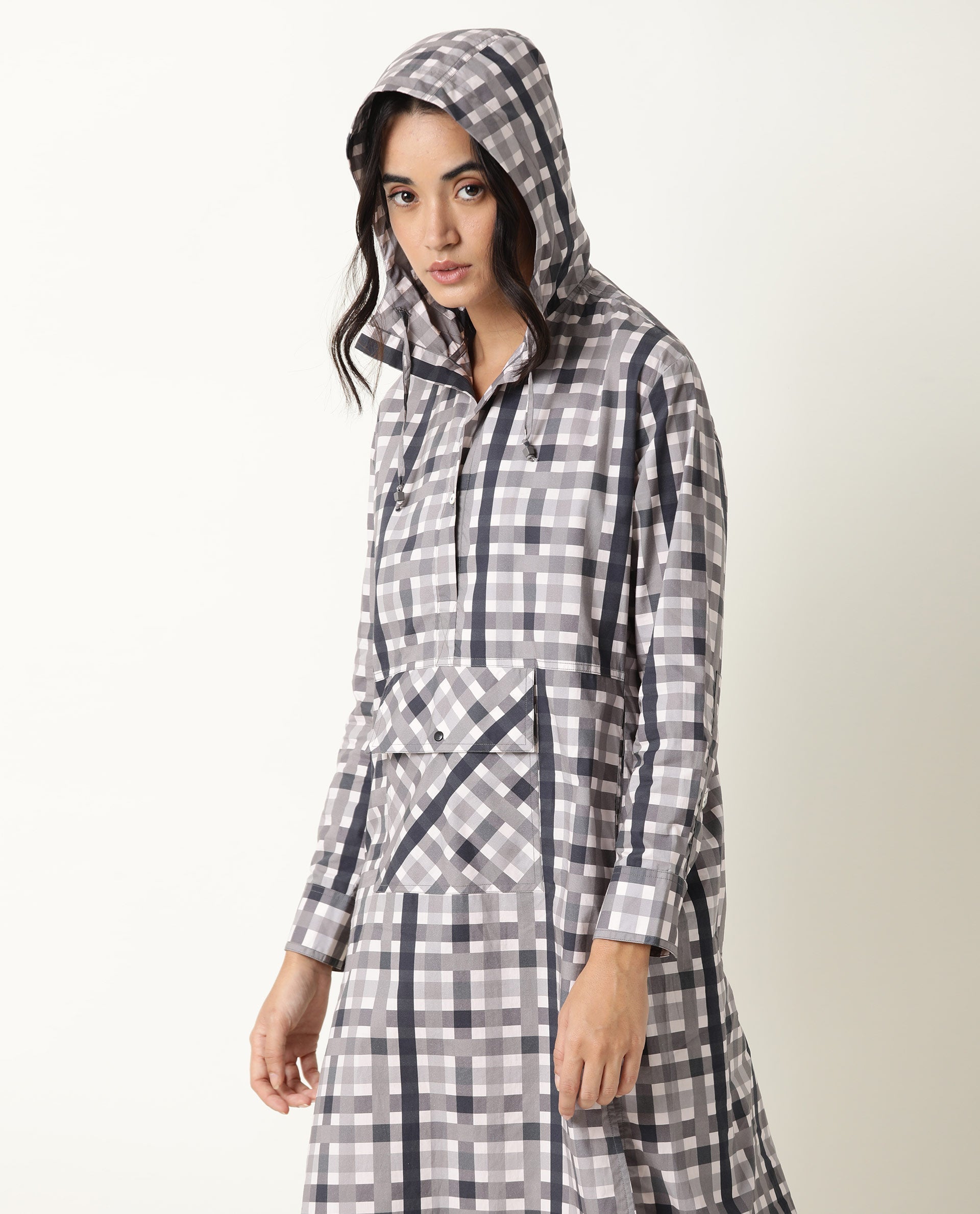 Rareism Women's Loreal Grey Hooded Checked Knee Length Regular Fit Dress