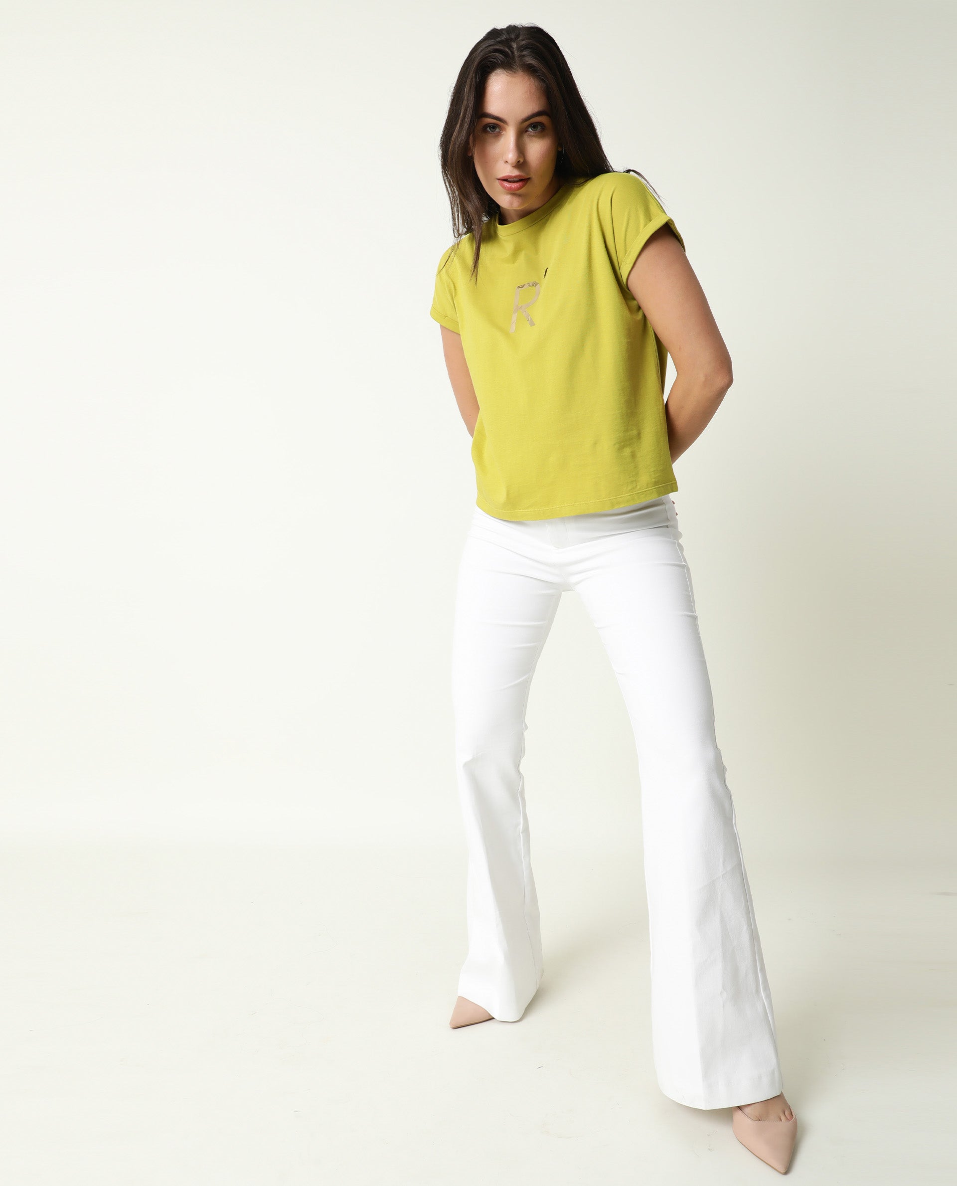 Rareism Women Rad Flouroscent Green Cotton Fabric Regular Fit Half Sleeves Graphic Print Crew Neck T-Shirt