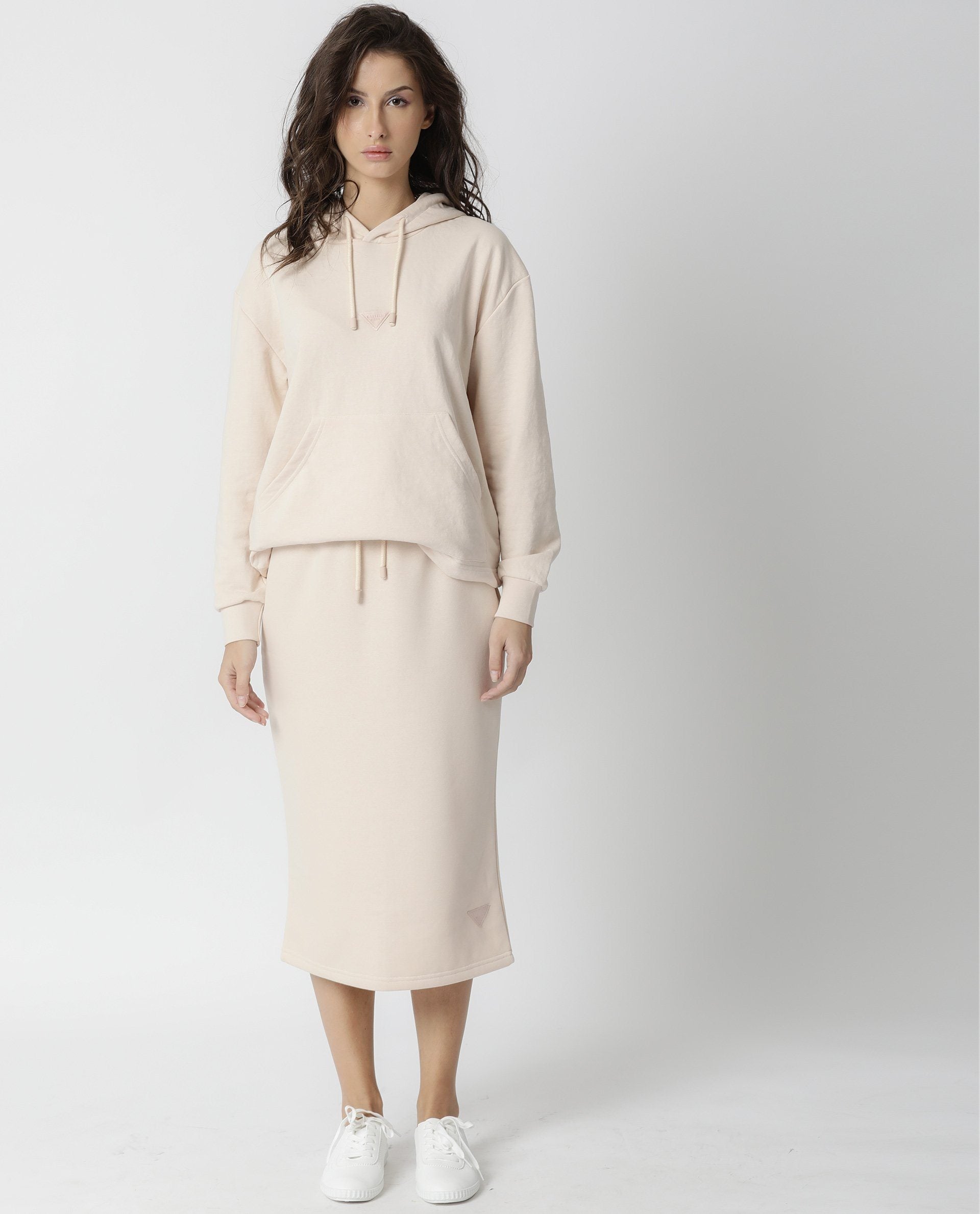 Rareism Women Wally Beige Poly Cotton Fabric Relaxed Fit Full Sleeves Solid Hooded Sweatshirt