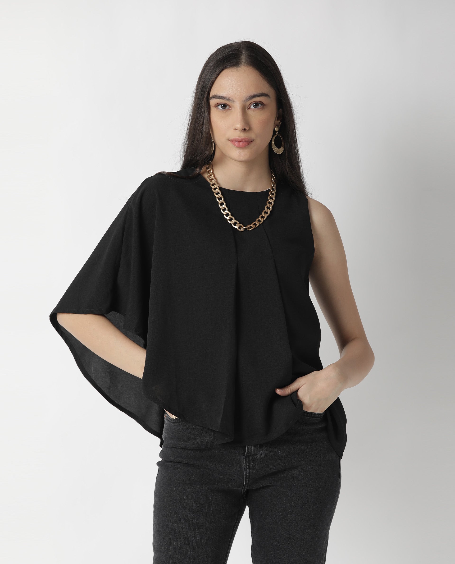 Rareism Womens Hudy Black Top Polyester Fabric Relaxed Fit Flared Sleeve Round Neck