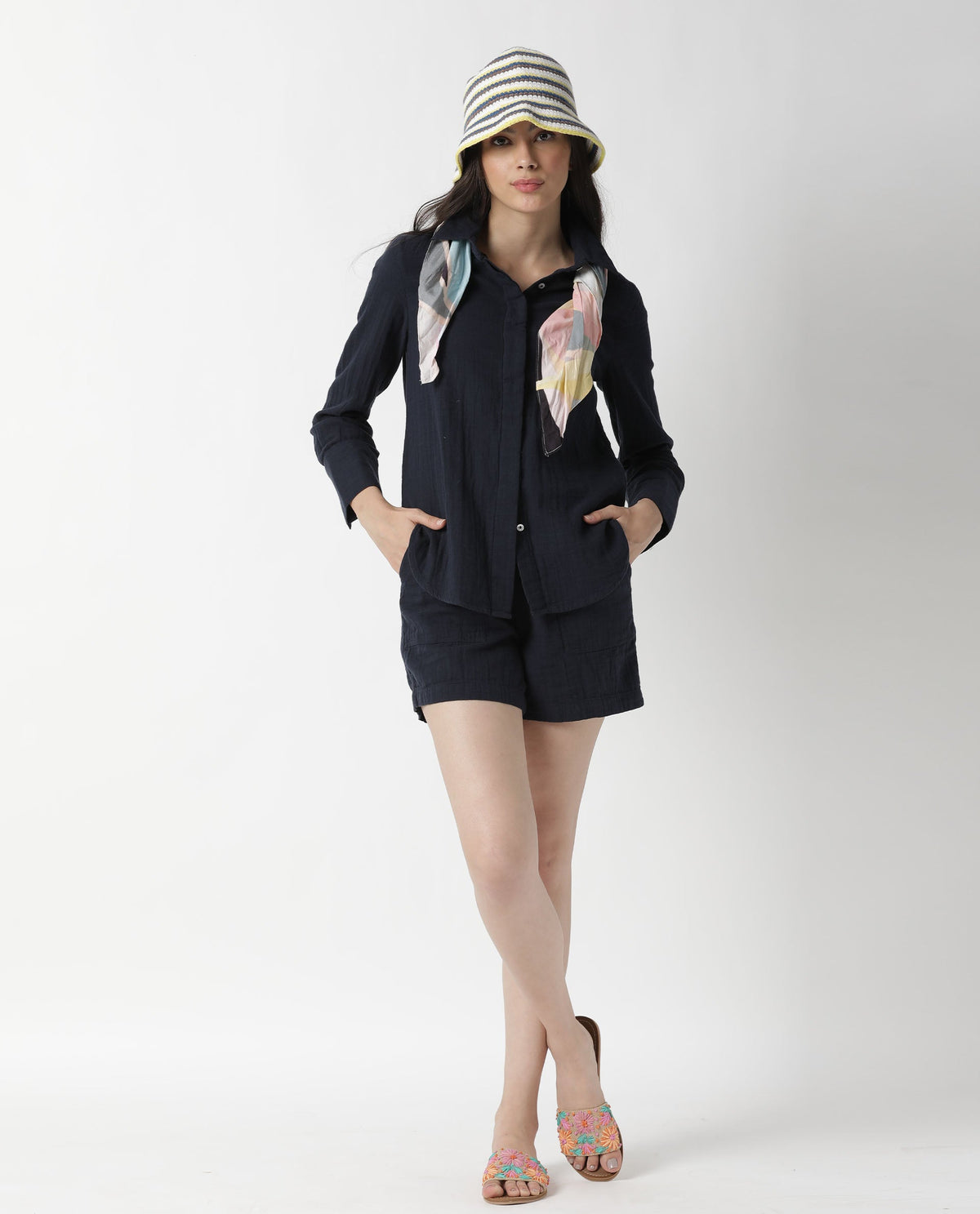 Rareism Womens Lock Navy Top Cotton Fabric Regular Fit Cuffed Sleeve Collared Neck