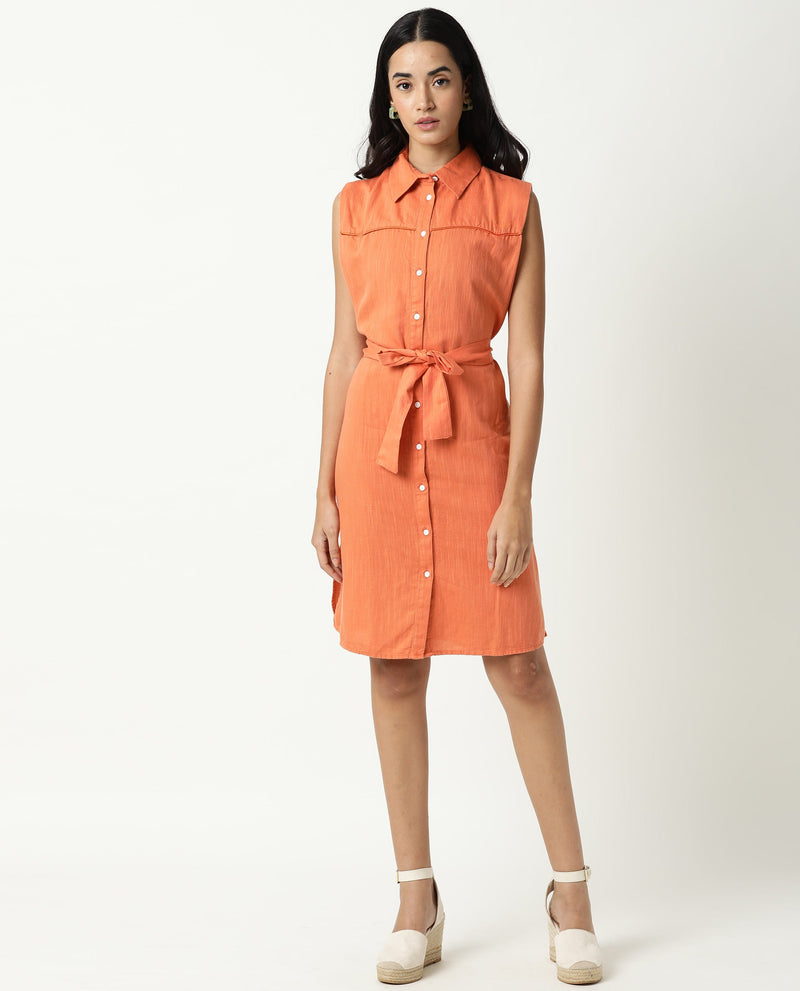 Rareism Women Zolaa Orange Shirt Collar Front Packet With Buttons Fabric Waist Belt And Side Slit Knee Length Dress