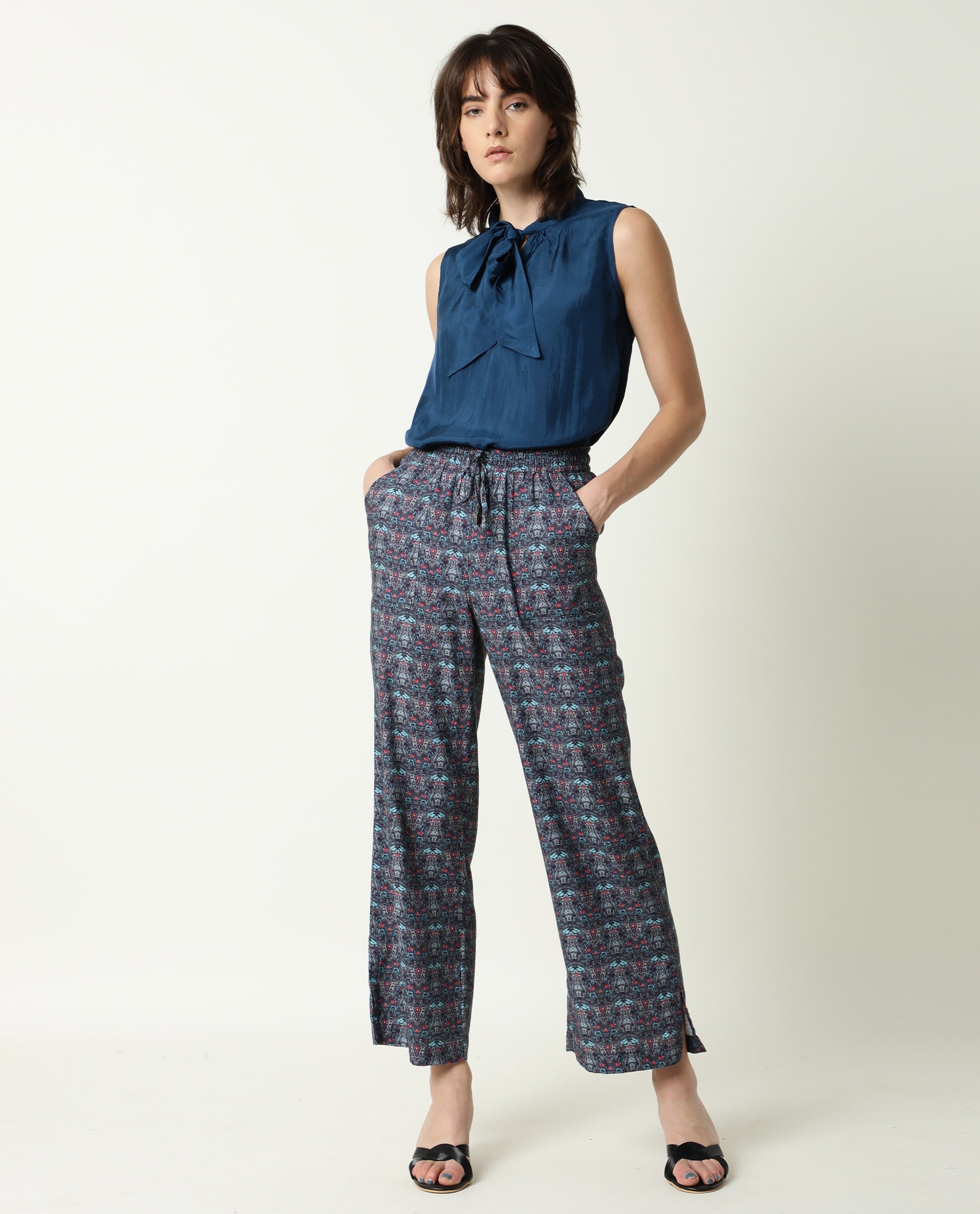 Rareism Womens Mac Petrol Top Viscose Fabric  Sleeveless Tie Up