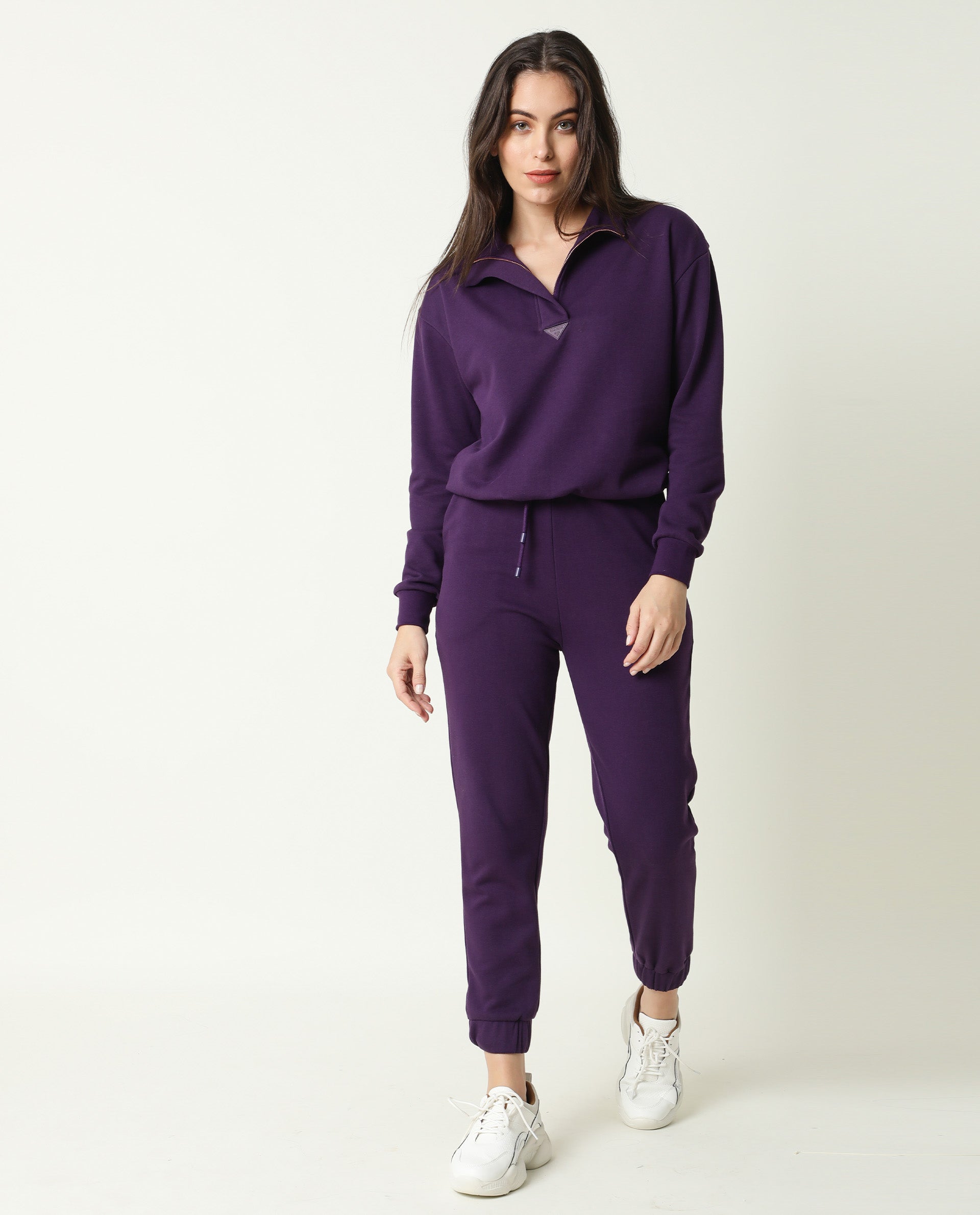 Rareism Women Aldrich Purple Poly Cotton Fabric Regular Fit Full Sleeves Solid High Neck Sweatshirt