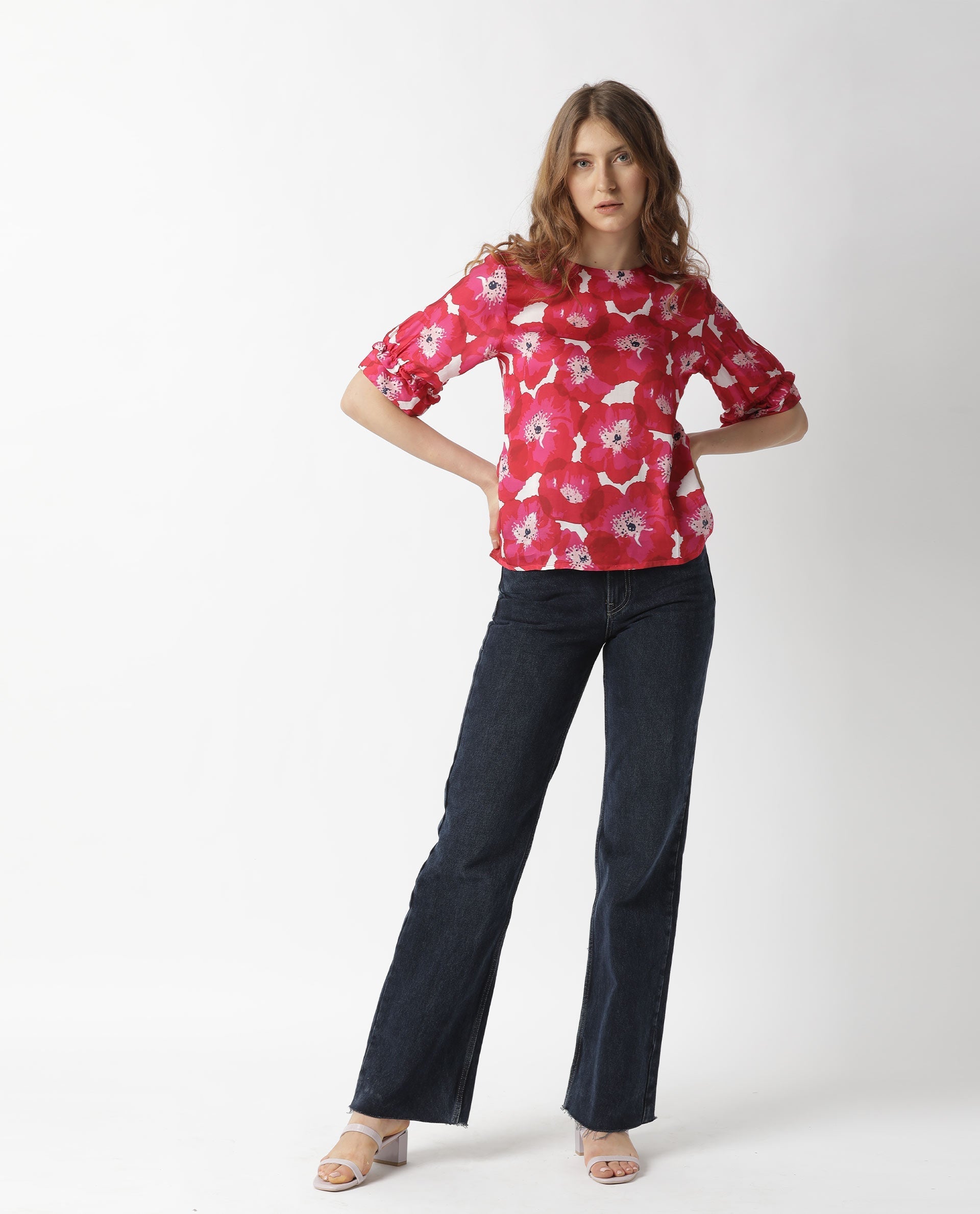Rareism Womens Mall Red Top Modal Fabric Regular Fit Regular Sleeves Mandarin Neck
