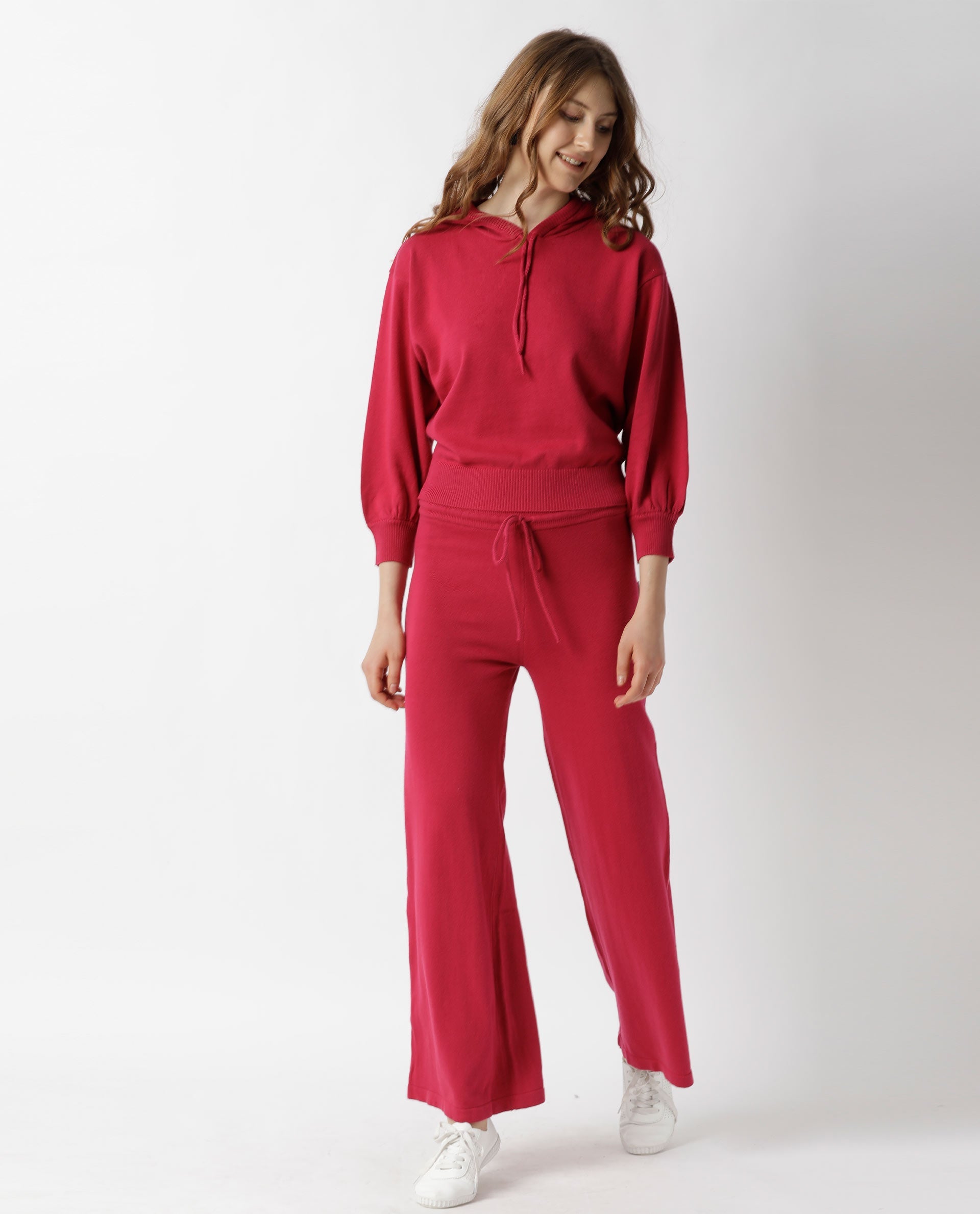 Rareism Women Finn Dark Pink Cotton Fabric Relaxed Fit Full Sleeves Solid Knee Length Hooded Track Suit