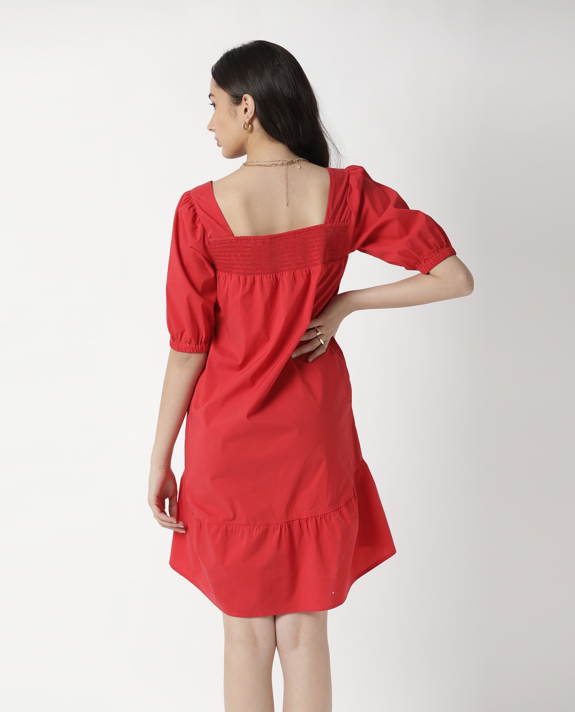 Rareism Womens Catchy Red Dress Cotton Lycra Fabric Relaxed Fit Puff Sleeves Square Neck