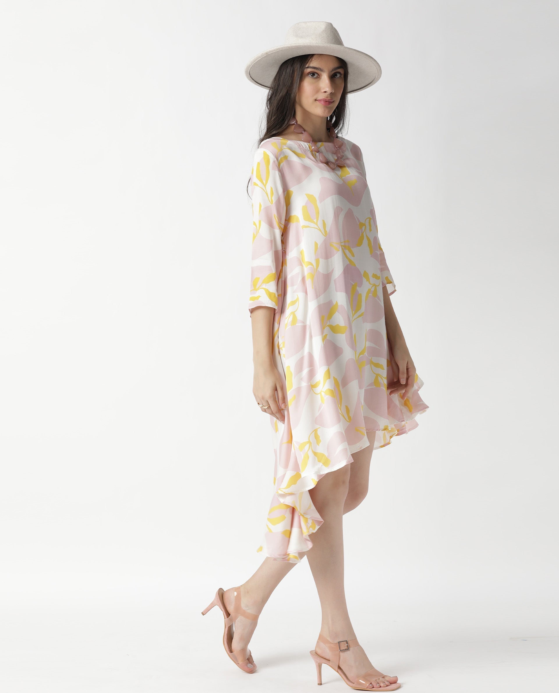 Rareism Womens Spider Pink Dress Modal Fabric Relaxed Fit 3/4 Sleeve Round Neck
