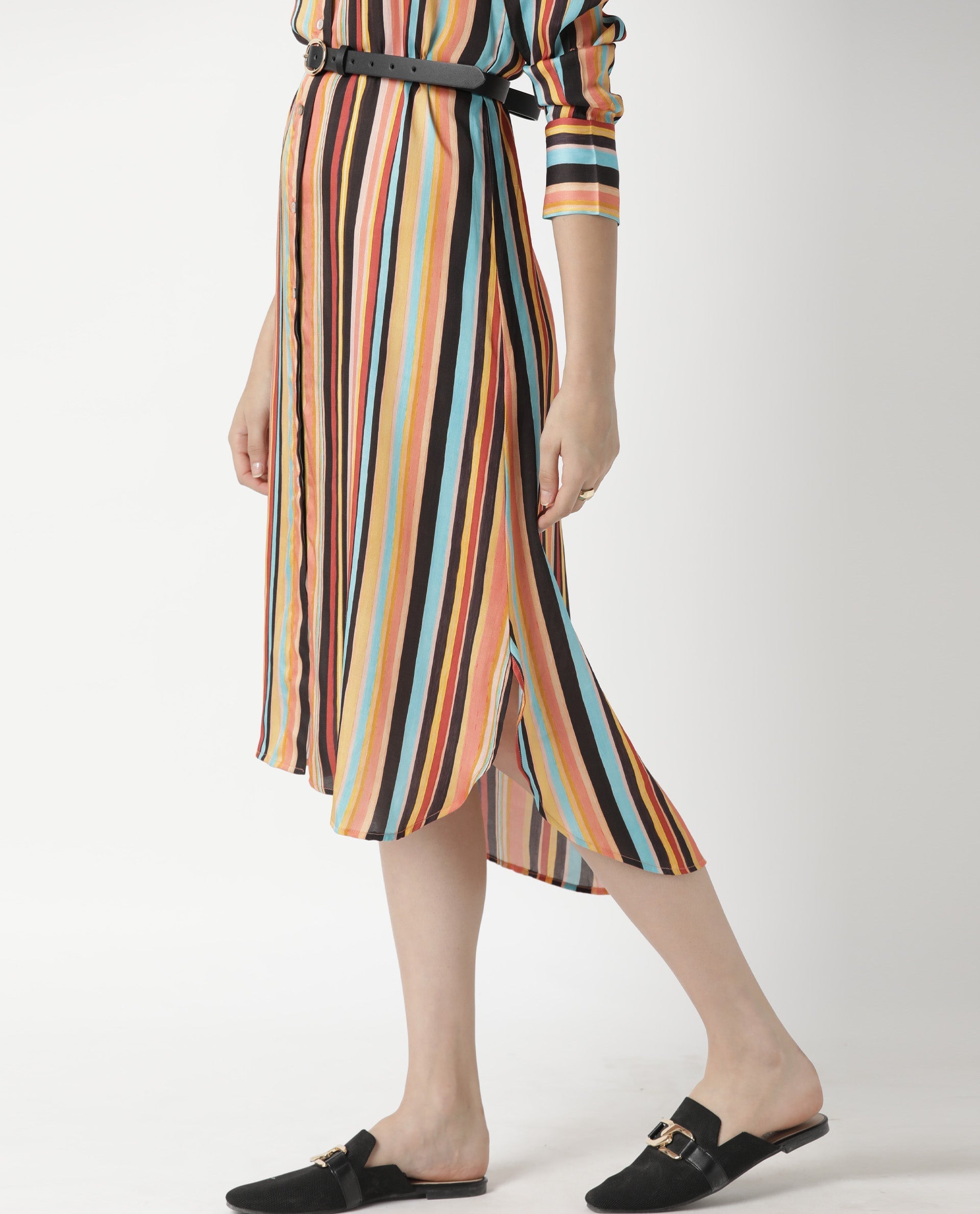 Rareism Women's Mathers Brown Spread Collar Striped Knee Length Regular Fit Dress