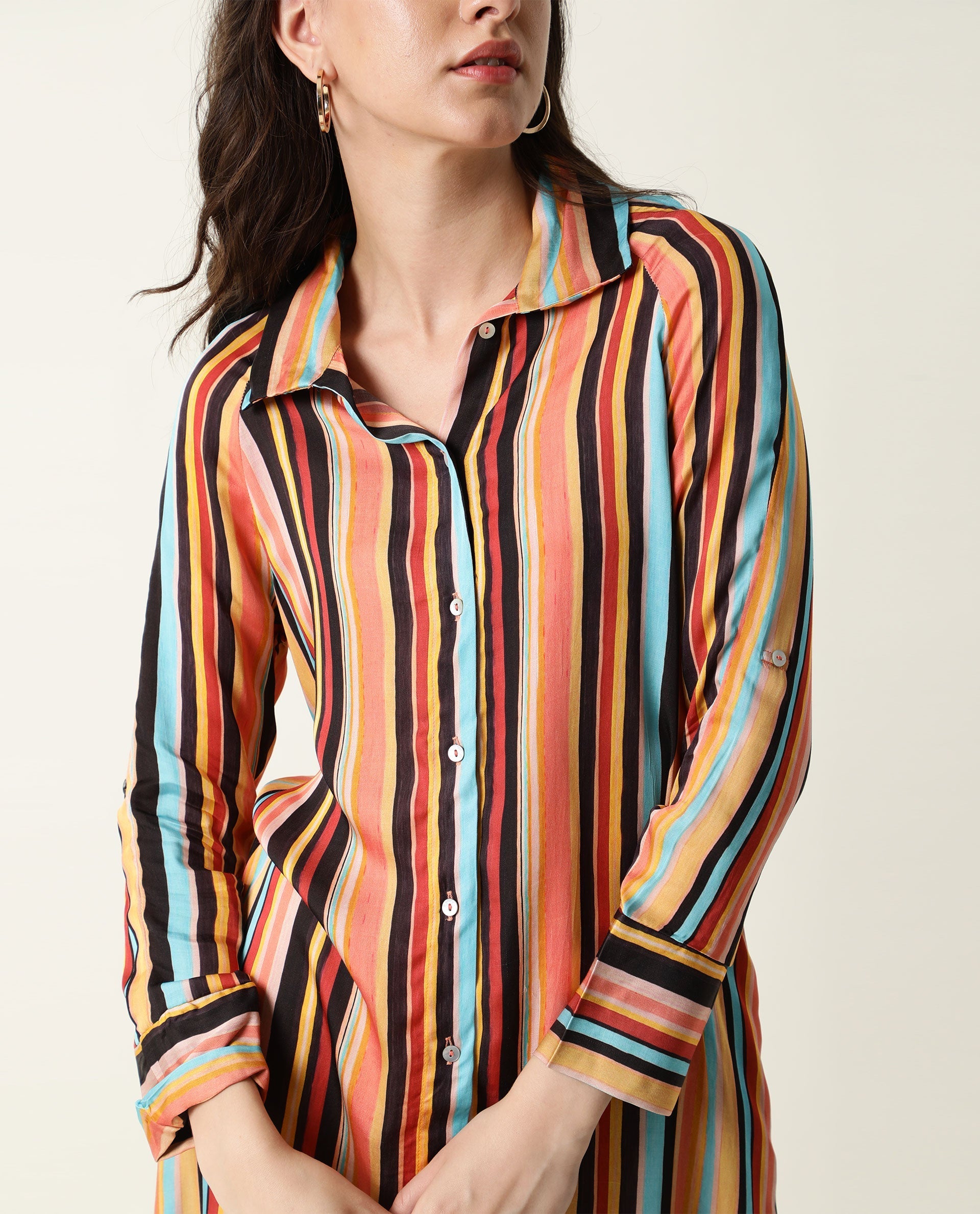 Rareism Women's Mathers Brown Spread Collar Striped Knee Length Regular Fit Dress