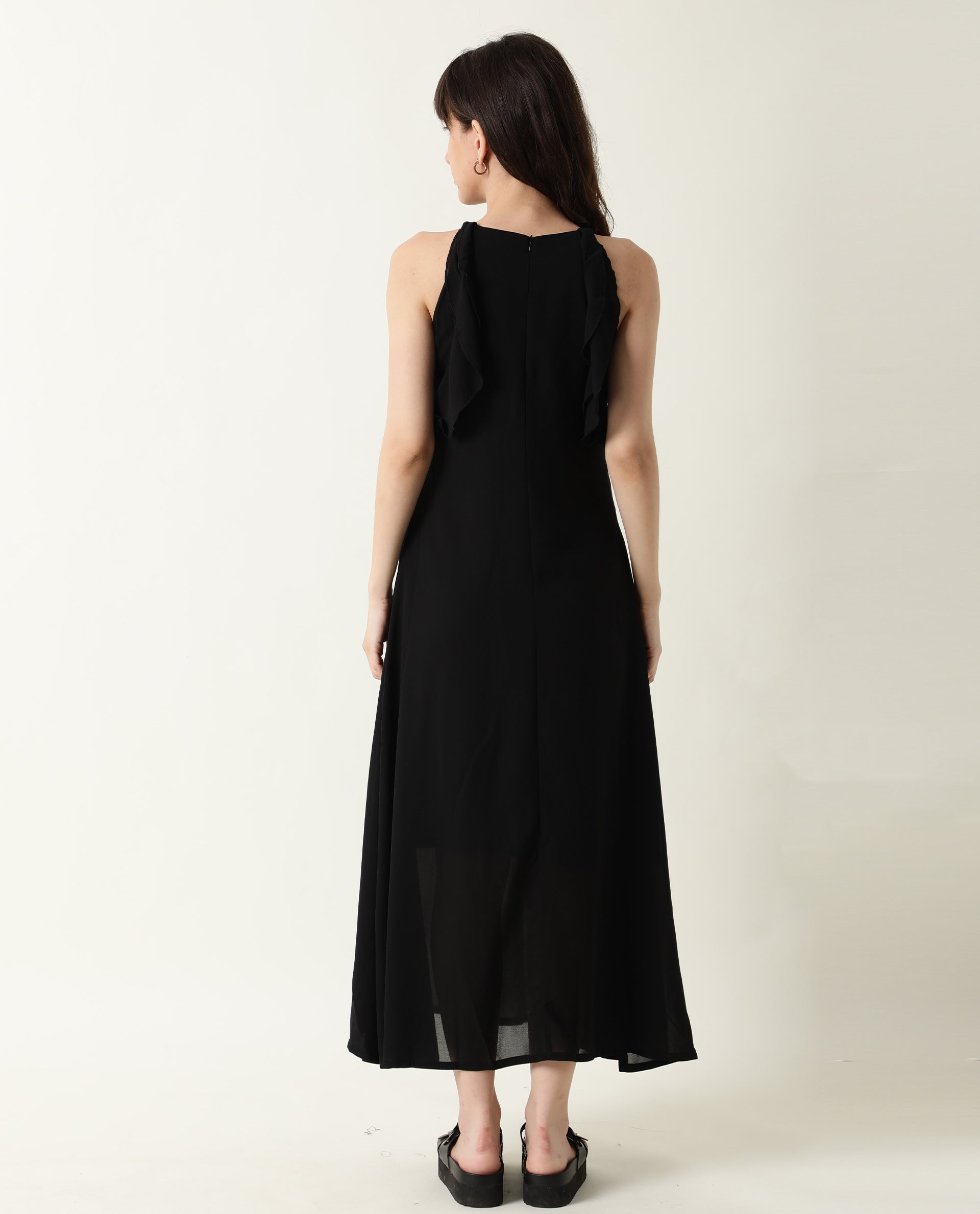 Rareism Women Decora Black Round Neck Spaghetti Shoulder Straps With Ruffles And Pockets Maxi Dress