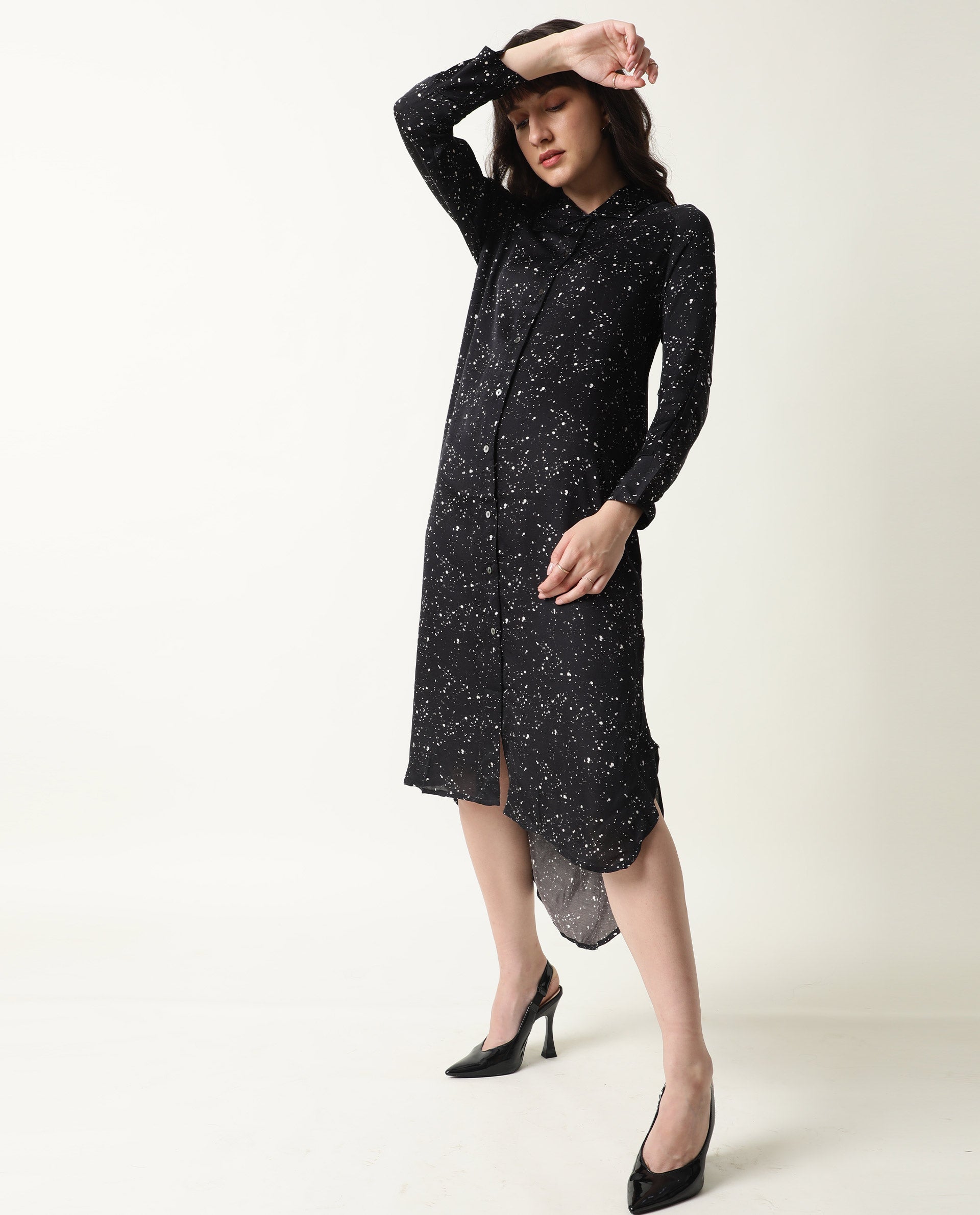 Rareism Womens Timid Black Dress Modal Fabric Regular Fit 3/4 Sleeve Collared Neck