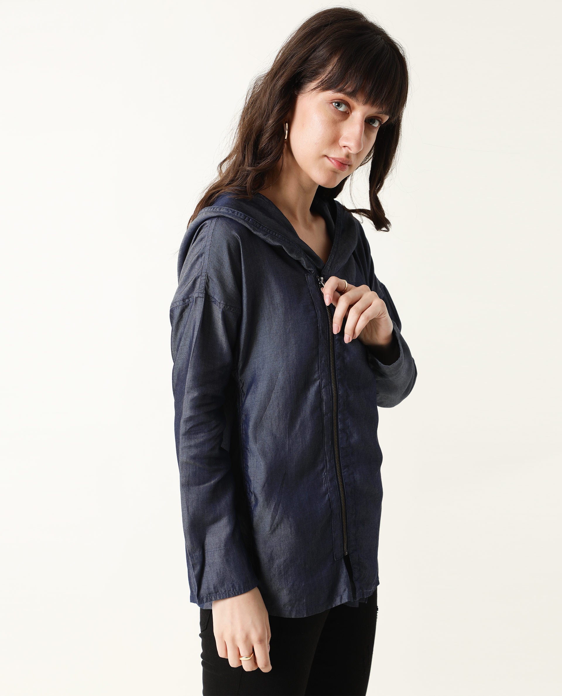 Rareism Womens Hemp Bark Blue Hoodie Zipper Closure