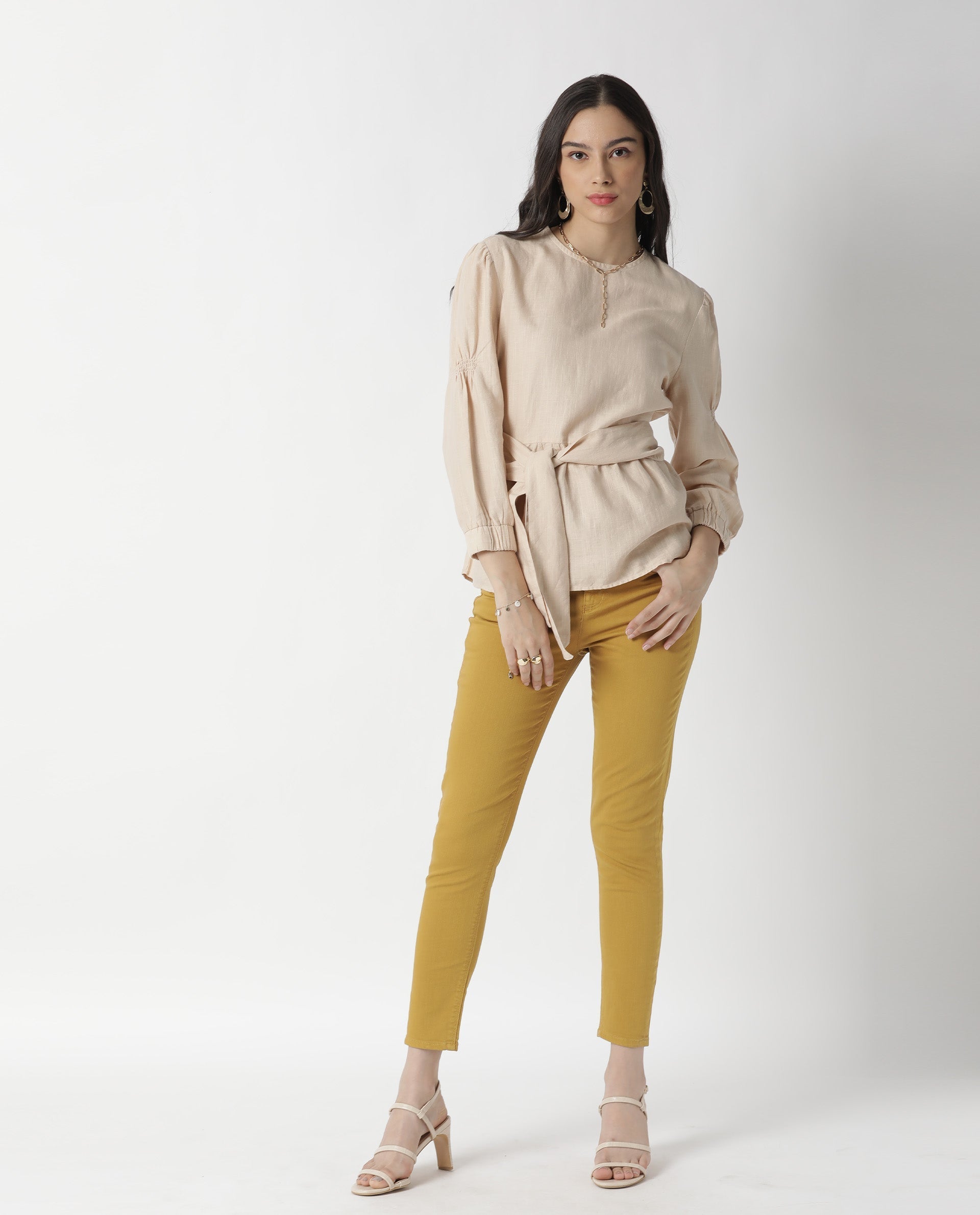 Rareism Womens Mocky Beige Top Full Sleeve Elasticated Cuff Crew Neck