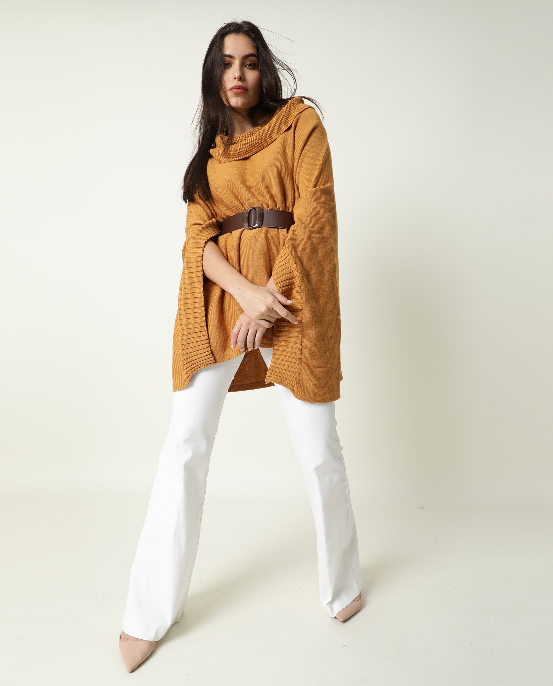 Rareism Womens Kafty Brown Over Layer Tube Neck Half Sleeve Oversize Fit