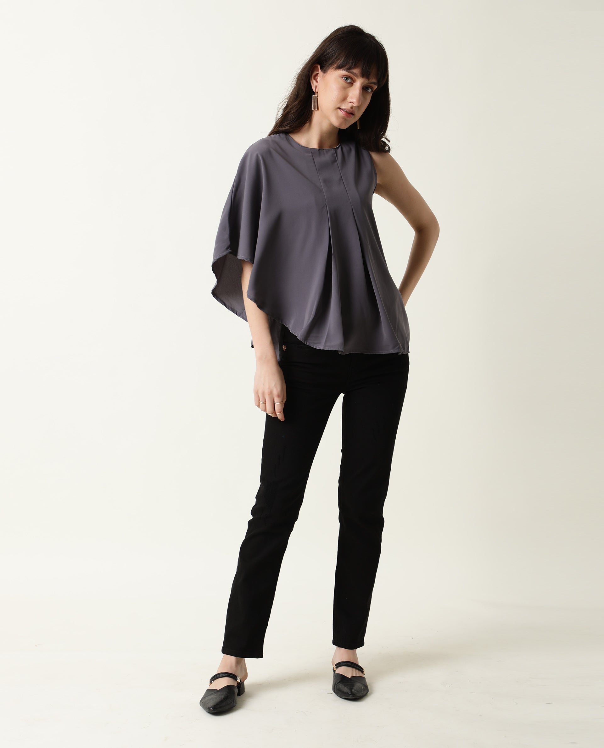 Rareism Womens Hudy Grey Top Polyester Fabric Relaxed Fit Flared Sleeve Round Neck