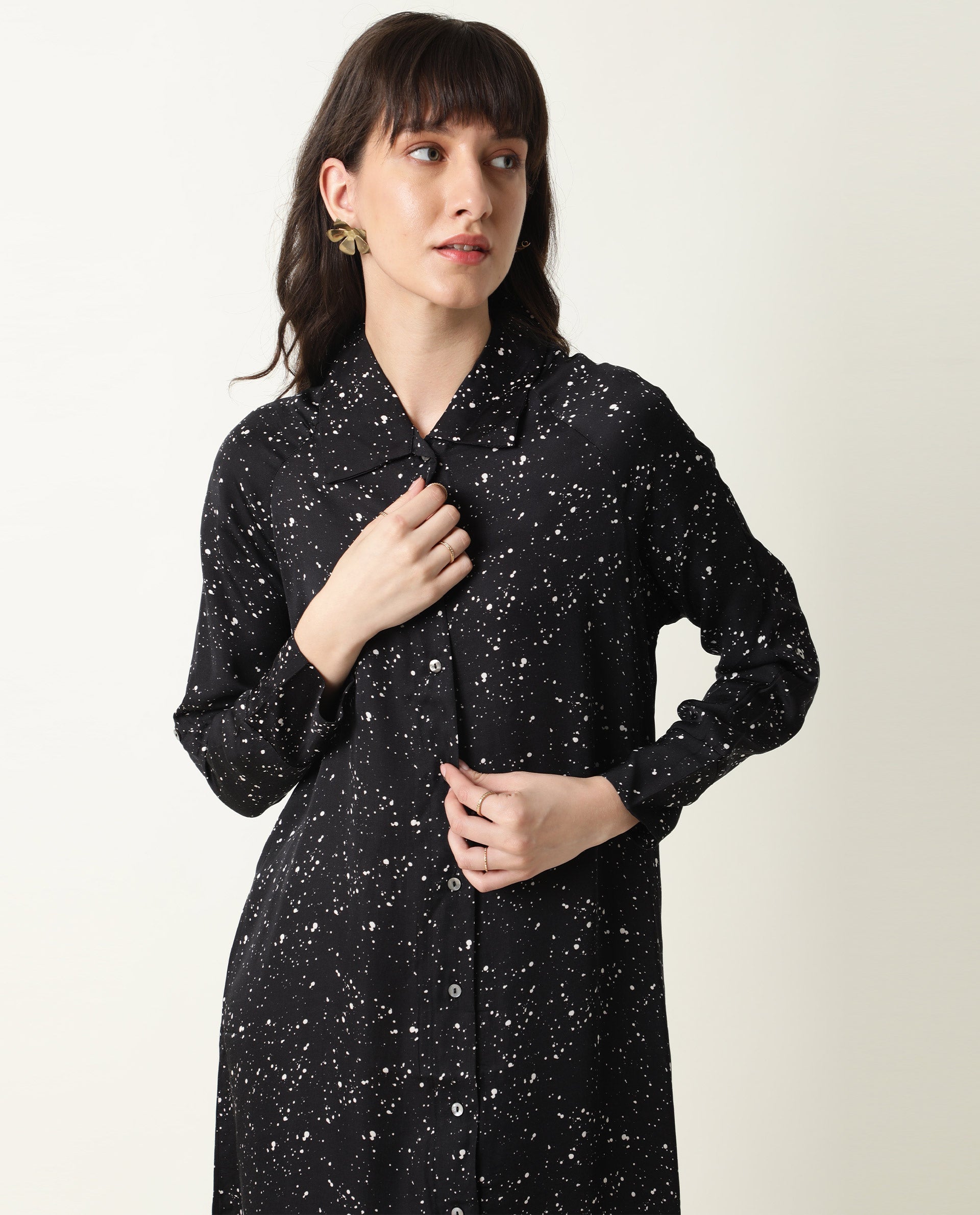 Rareism Womens Timid Black Dress Modal Fabric Regular Fit 3/4 Sleeve Collared Neck