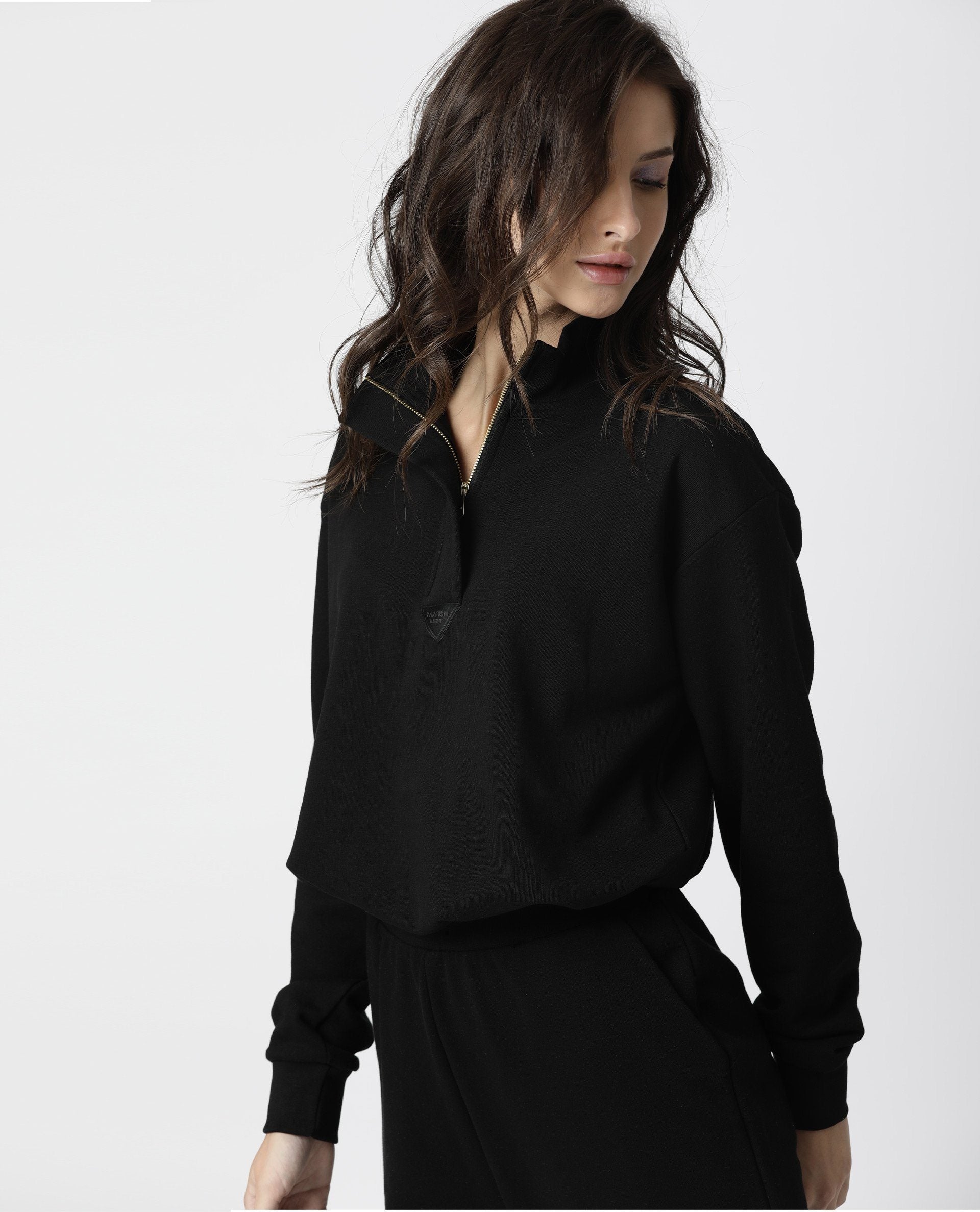 Rareism Women Taffy Black  Relaxed Fit Full Sleeves Solid High Neck Sweatshirt