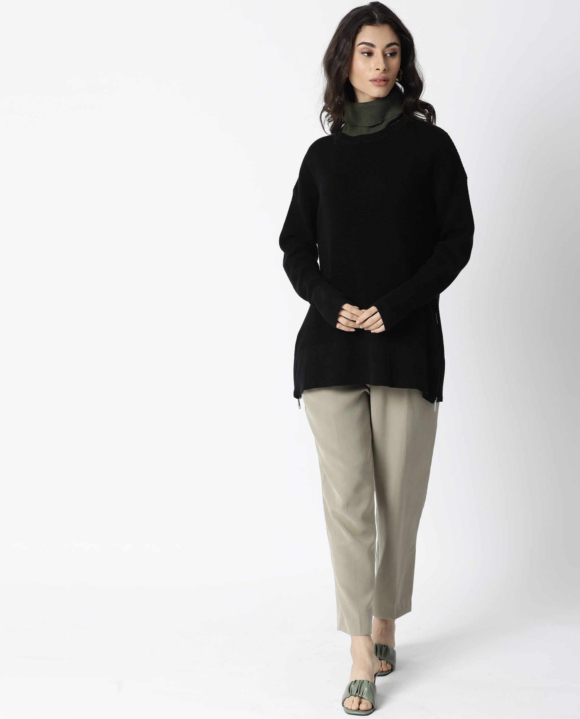 Rareism Women Zippo Black Cotton Fabric Full Sleeves Knee Length Relaxed Fit Solid Detachable Collar Sweater