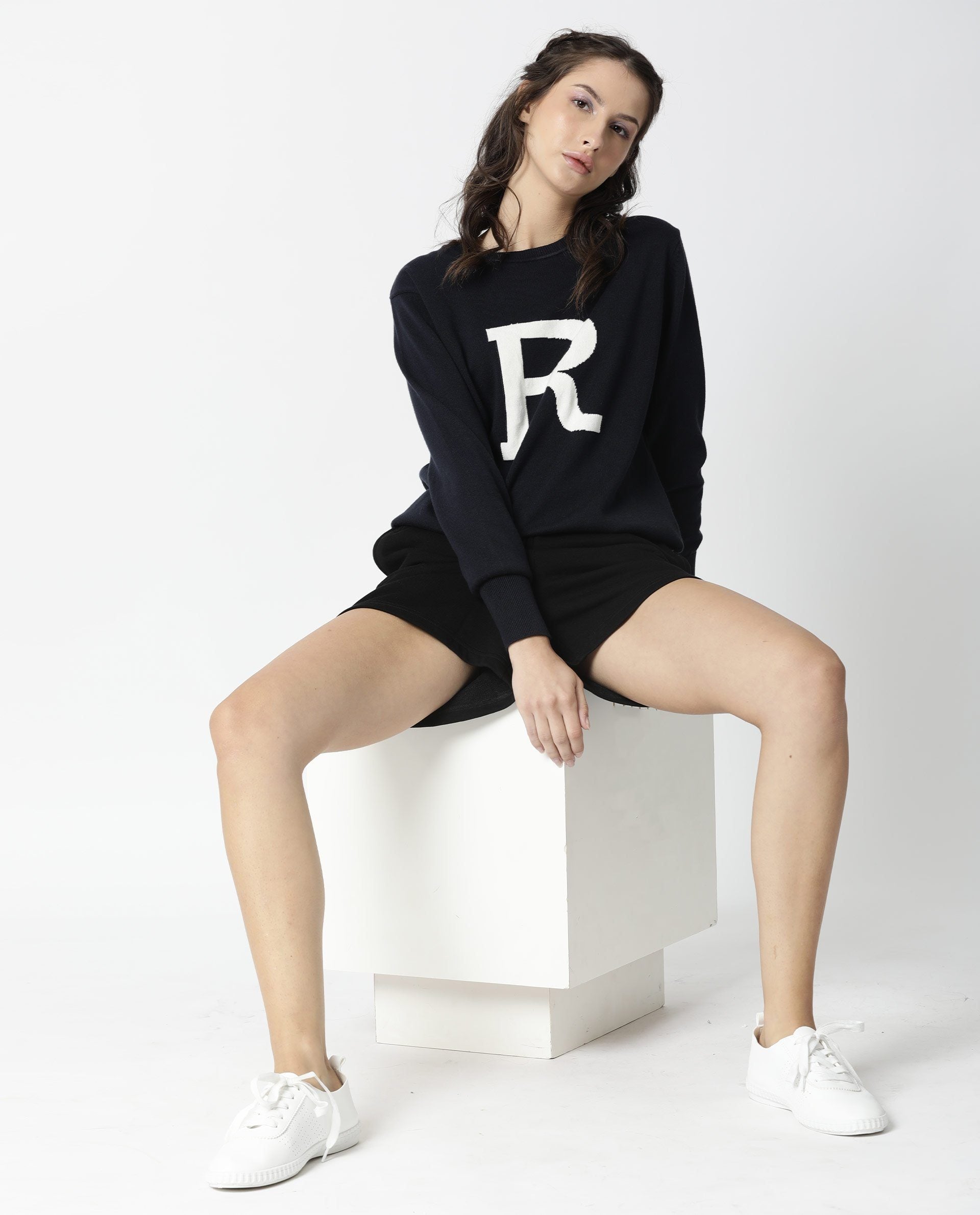 Rareism Women Plush Navy Sweater Full Sleeves