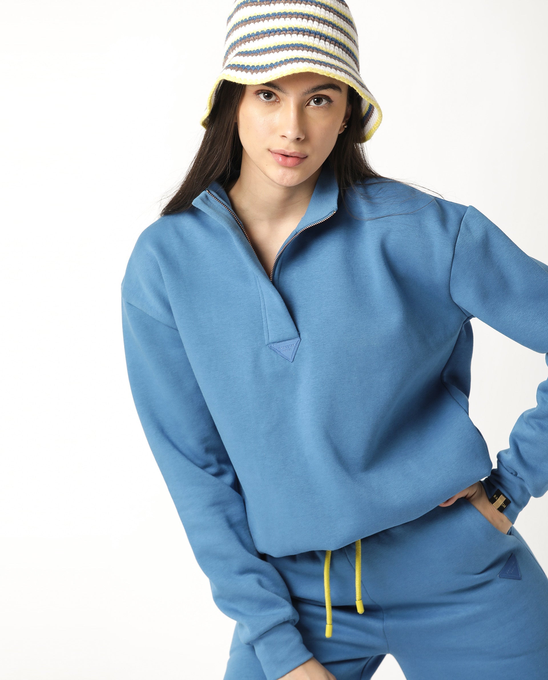 Rareism Women Taffy-1 Blue  Relaxed Fit Full Sleeves Solid High Neck Sweatshirt