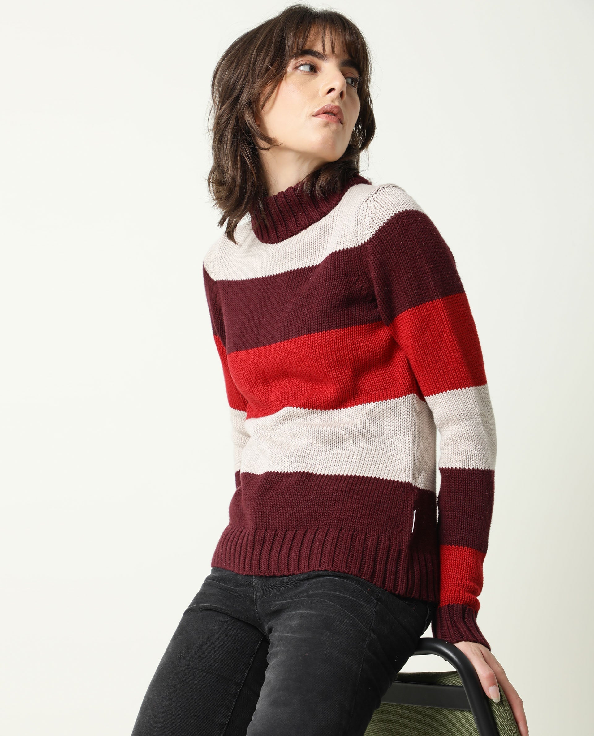 Rareism Women Tony Maroon  Full Sleeves Regular Fit Color Blocked Turtle Neck Sweater